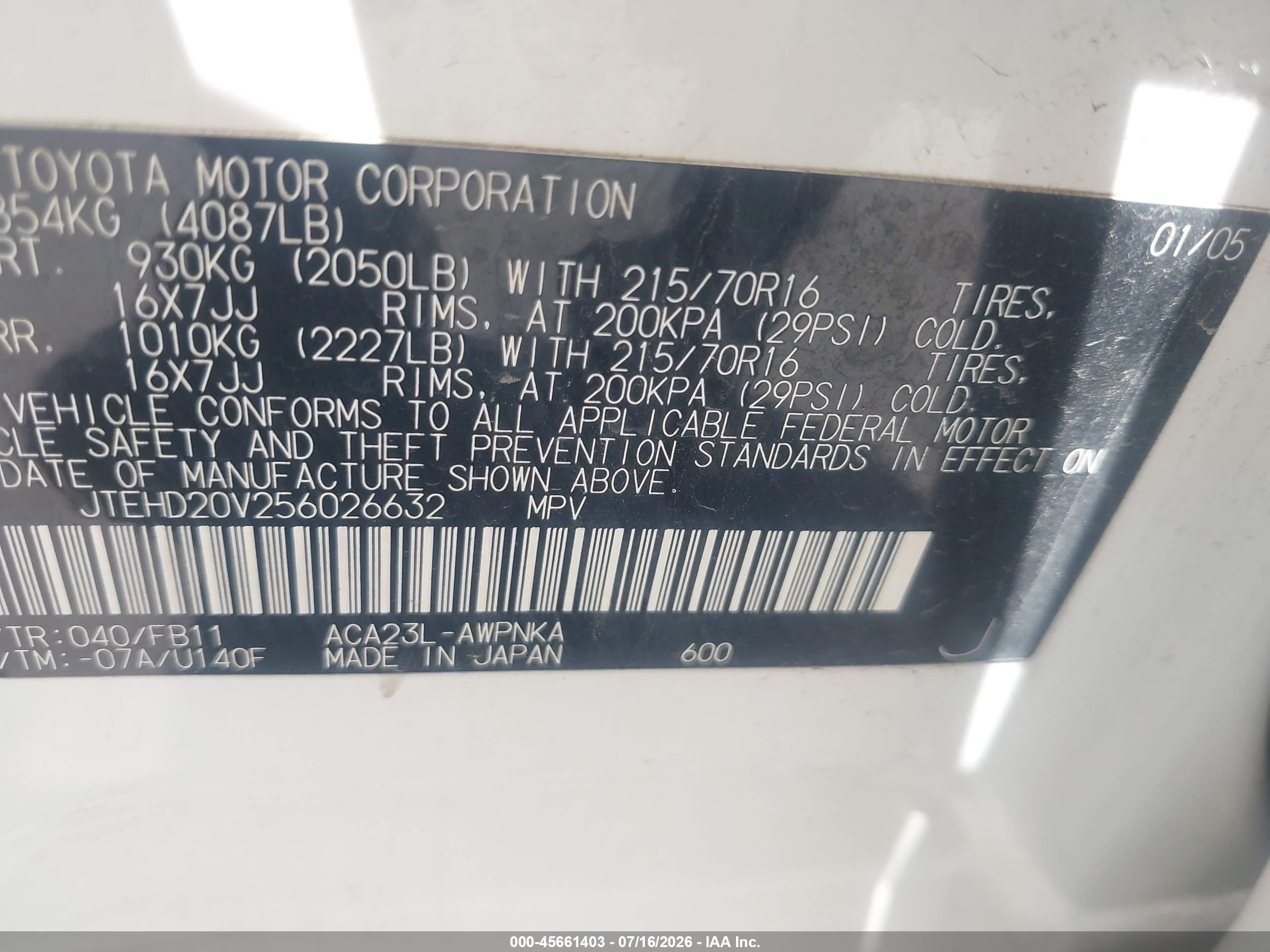 2005 Toyota Rav4   White vin: JTEHD20V256026632