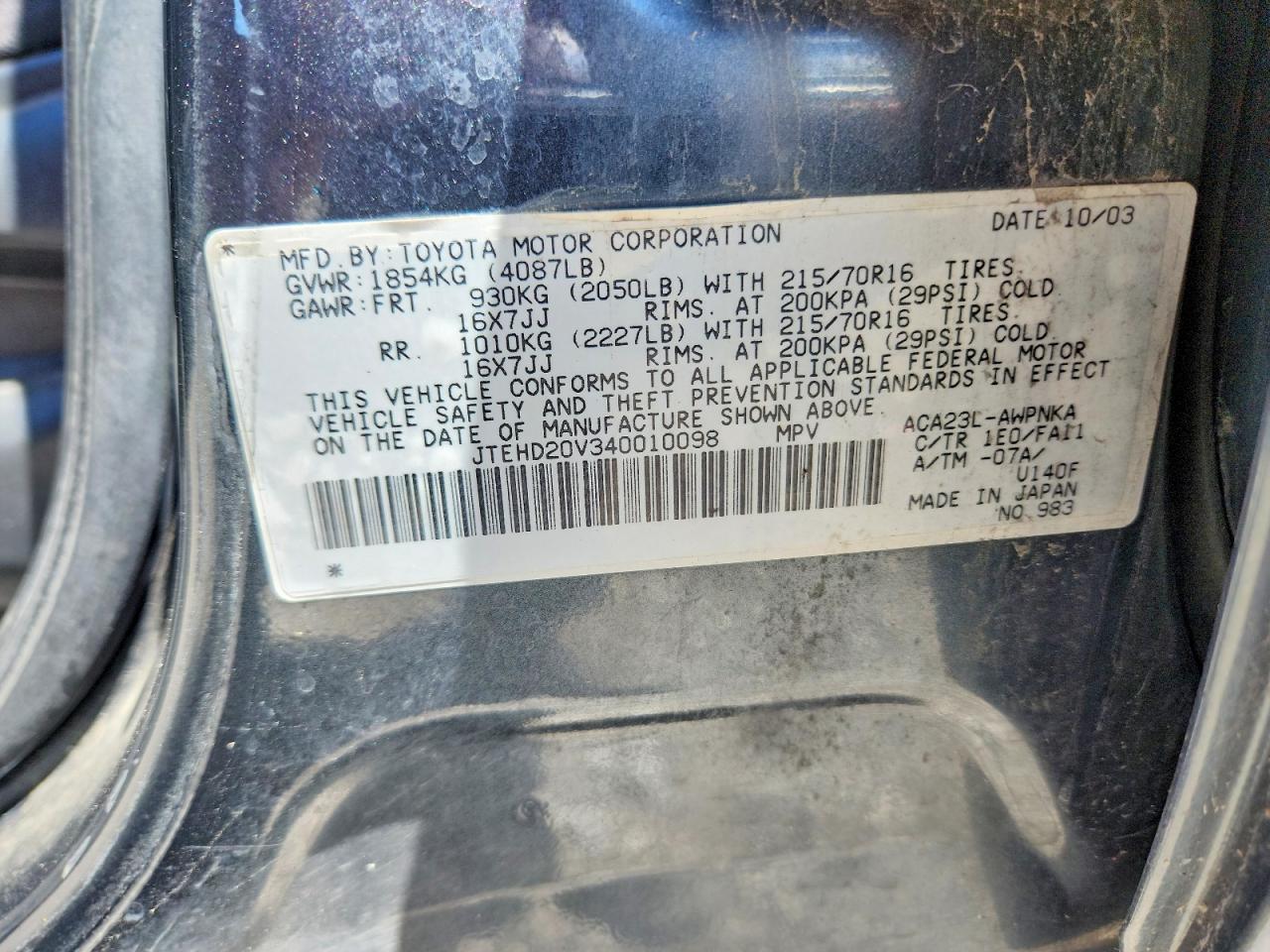 2004 Toyota Rav4 Base Charcoal vin: JTEHD20V340010098