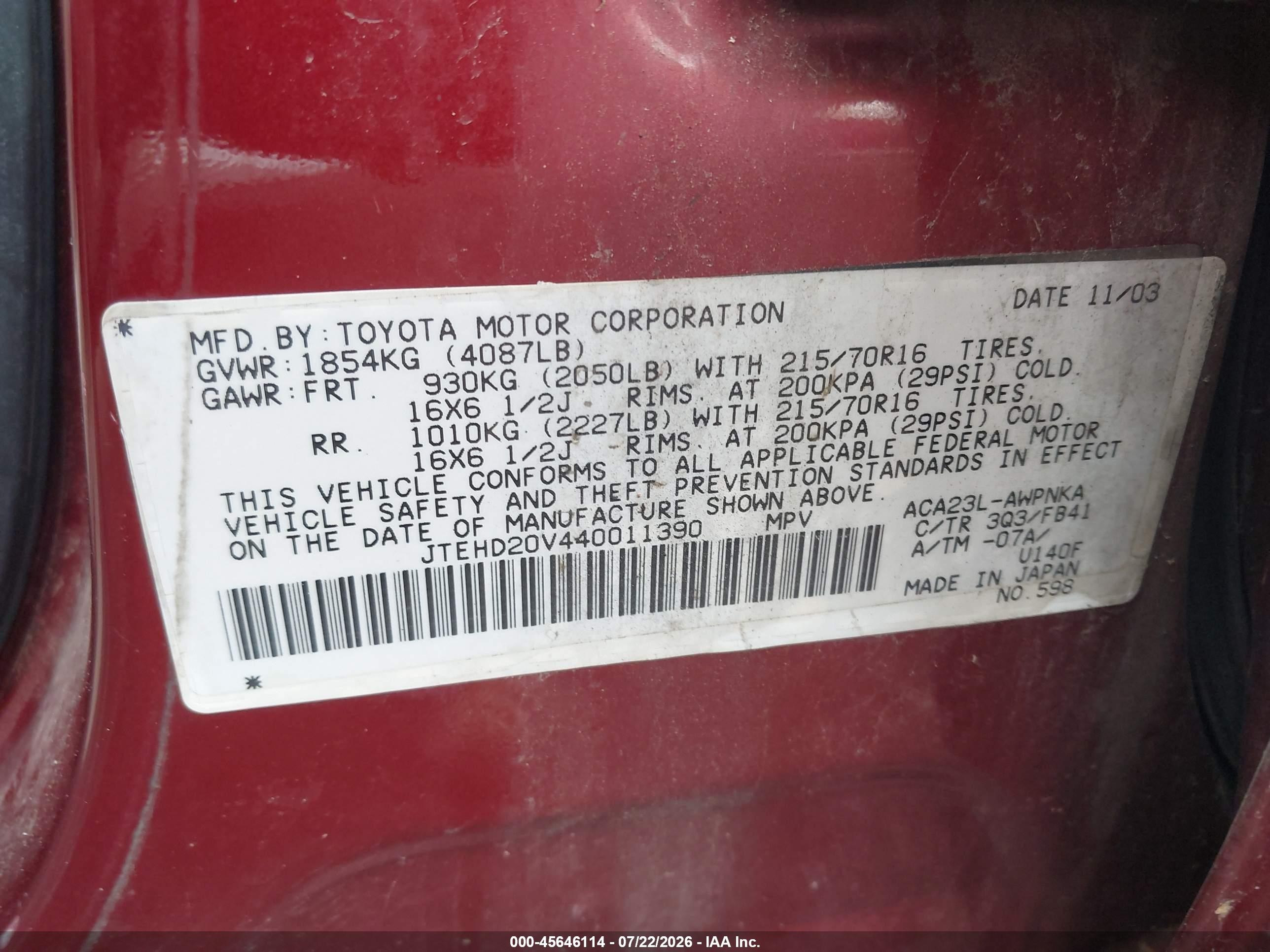 2004 Toyota Rav4   Red vin: JTEHD20V440011390