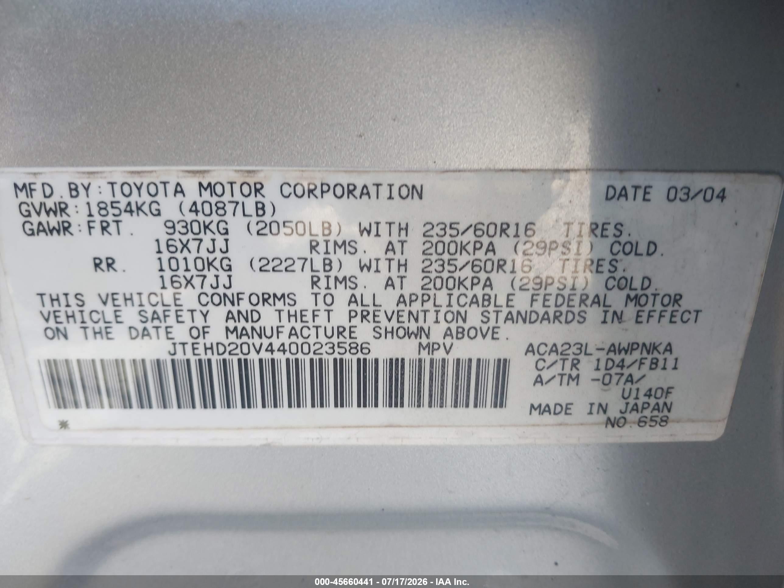 2004 Toyota Rav4 Silver vin: JTEHD20V440023586