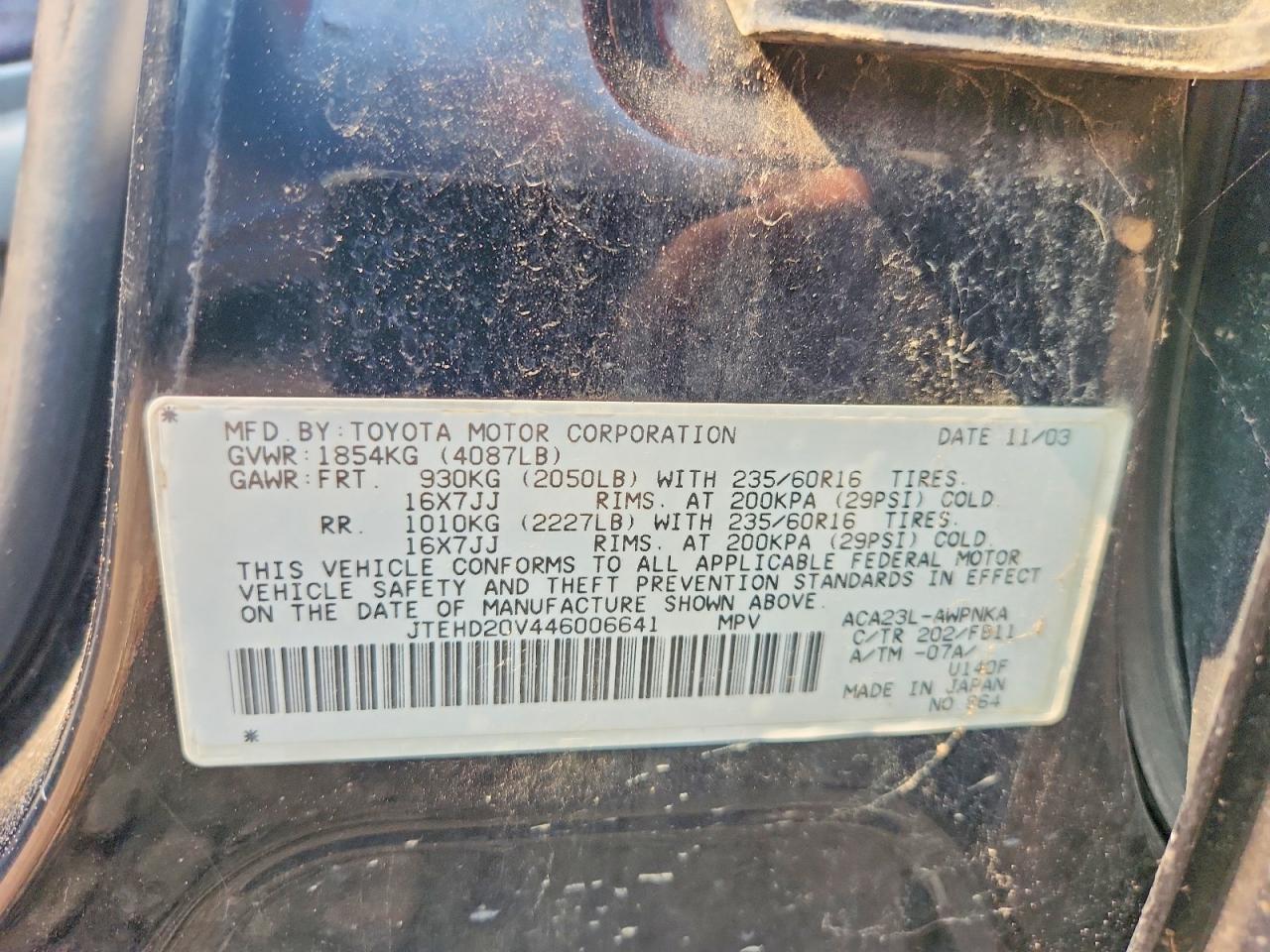 2004 Toyota Rav4 Base Black vin: JTEHD20V446006641