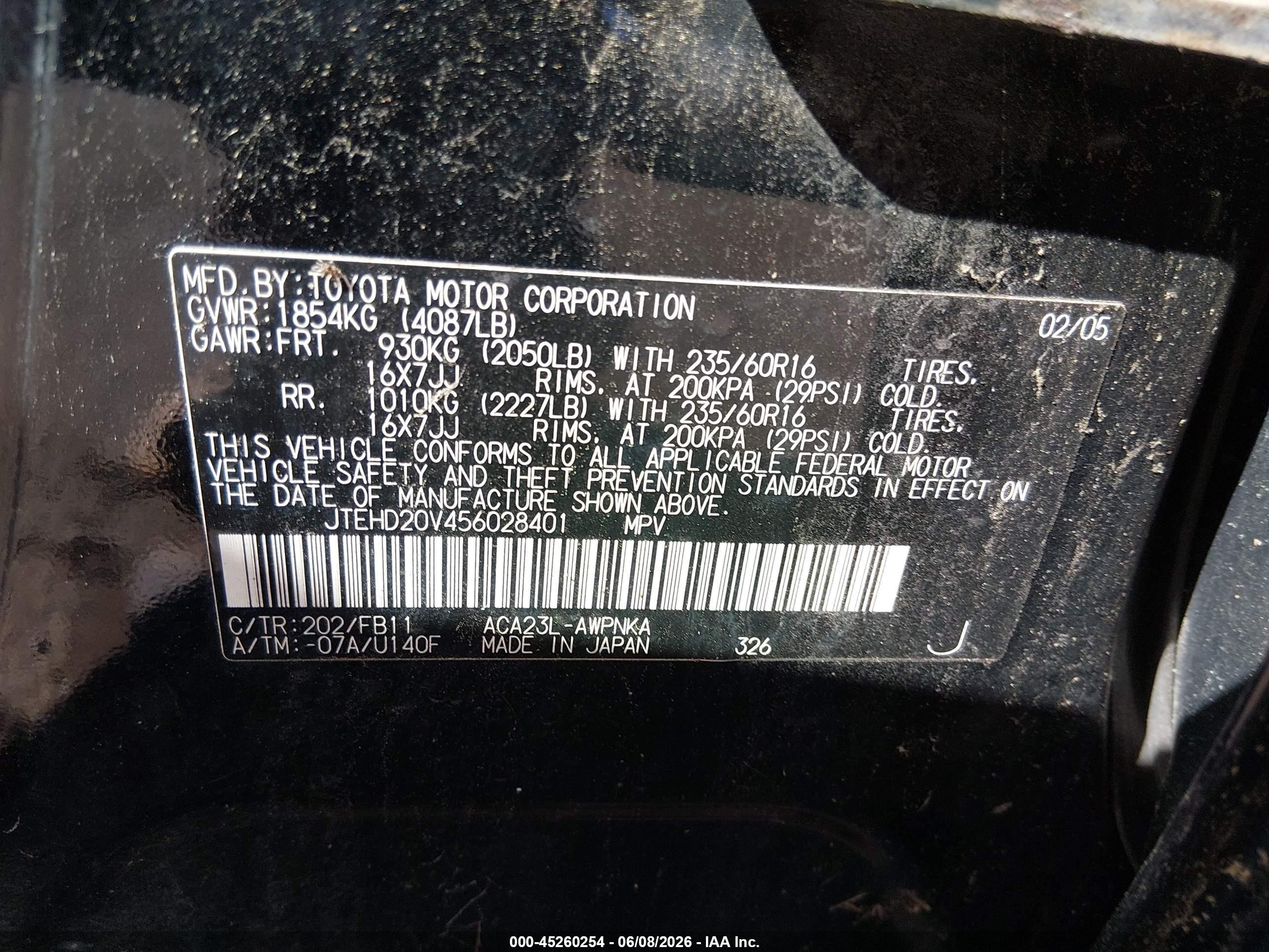 2005 Toyota Rav4   Black vin: JTEHD20V456028401