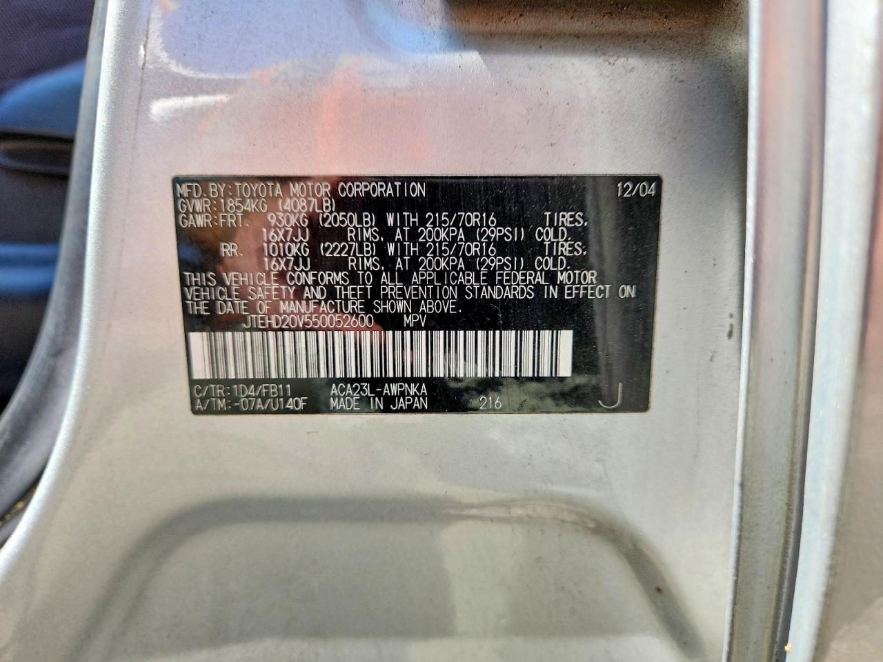 2005 Toyota Rav4 Base Silver vin: JTEHD20V550052600