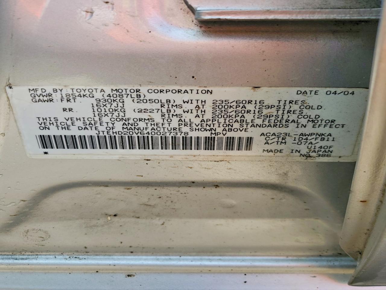 2004 Toyota Rav4 Base Silver vin: JTEHD20V640027378