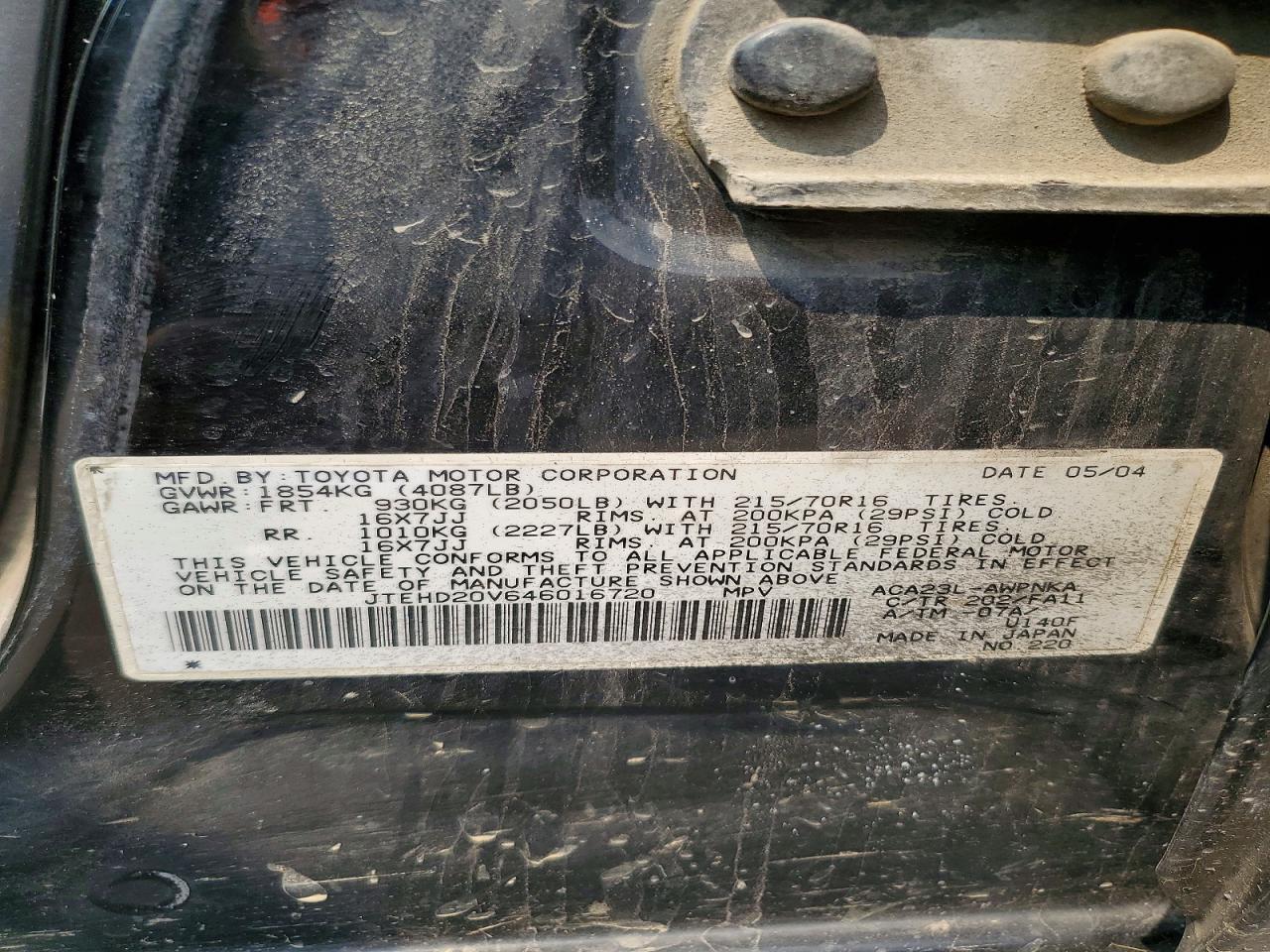 2004 Toyota Rav4 Base Black vin: JTEHD20V646016720