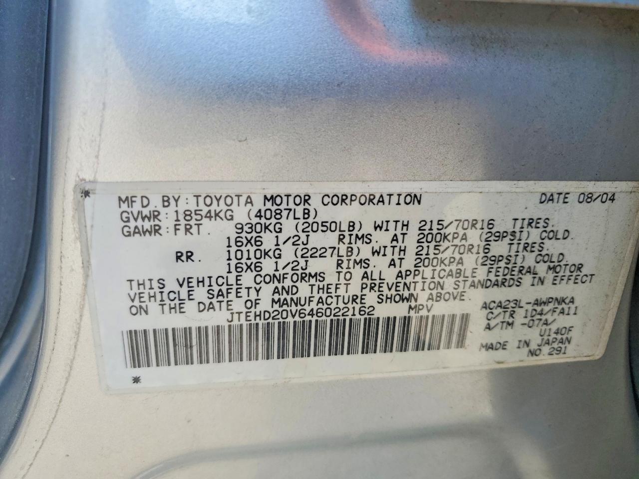 2004 Toyota Rav4 Base Silver vin: JTEHD20V646022162