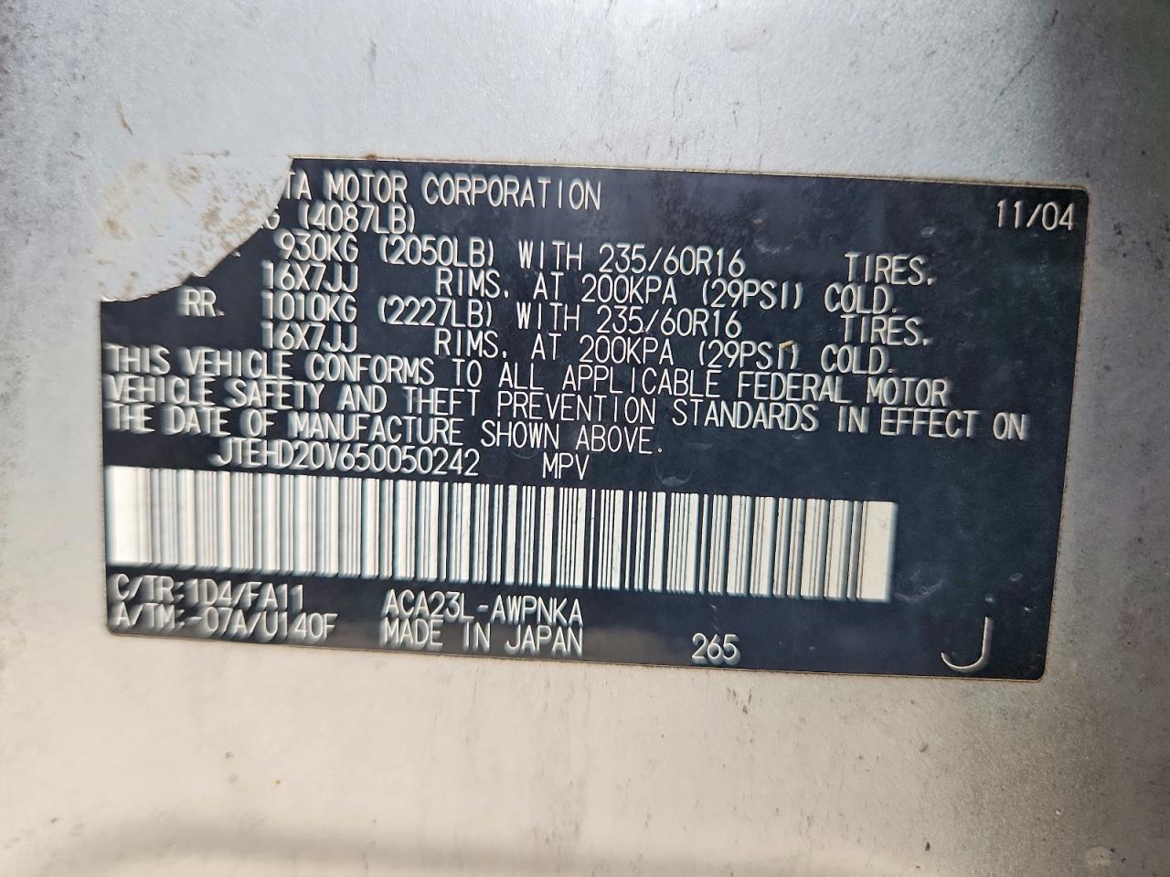 2005 Toyota Rav4 Base Burn vin: JTEHD20V650050242