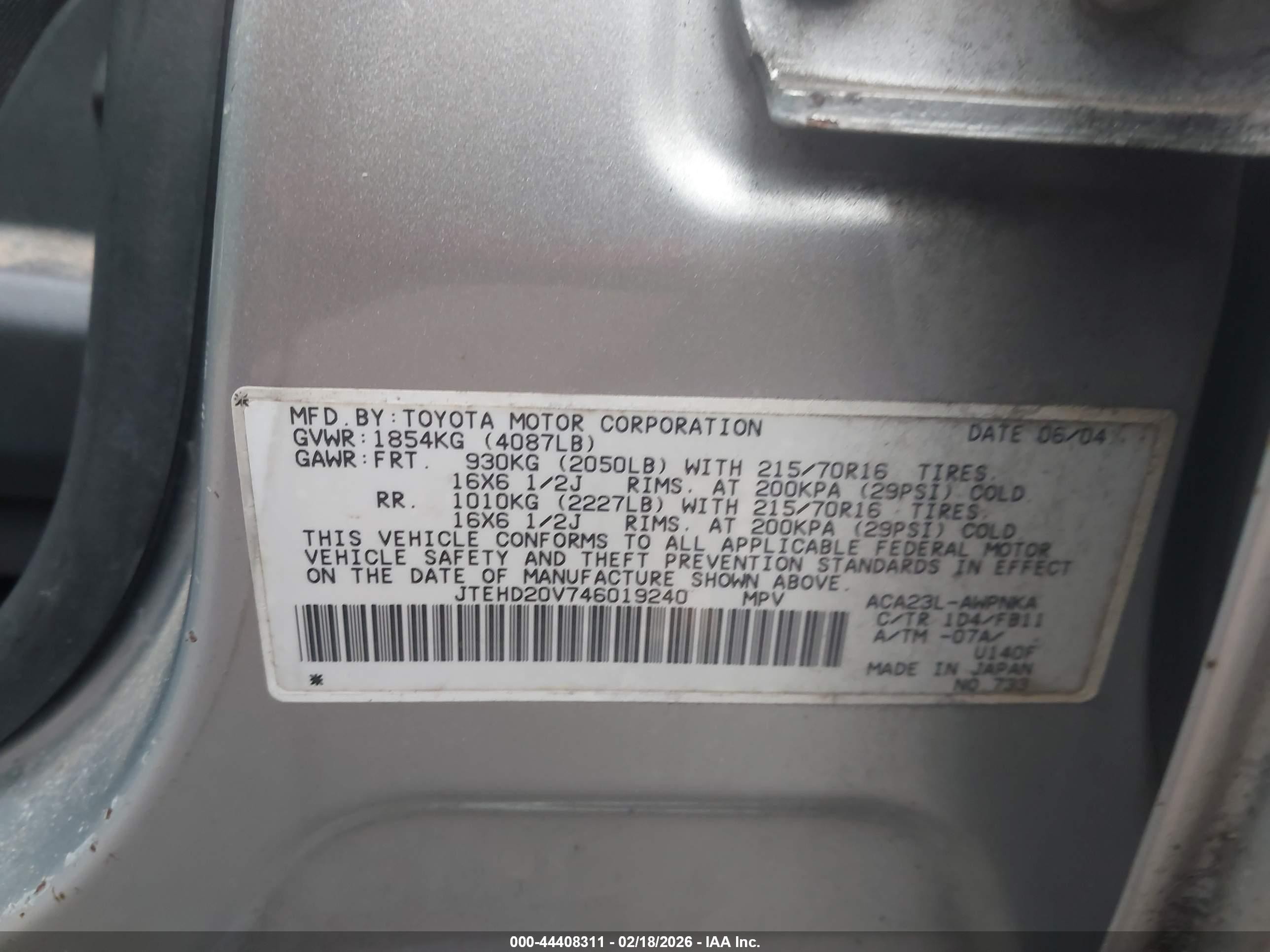 2004 Toyota Rav4   Silver vin: JTEHD20V746019240