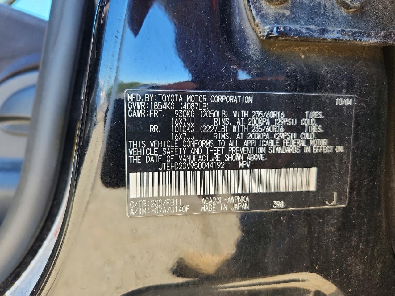2005 Toyota Rav4 Base Black vin: JTEHD20V950044192