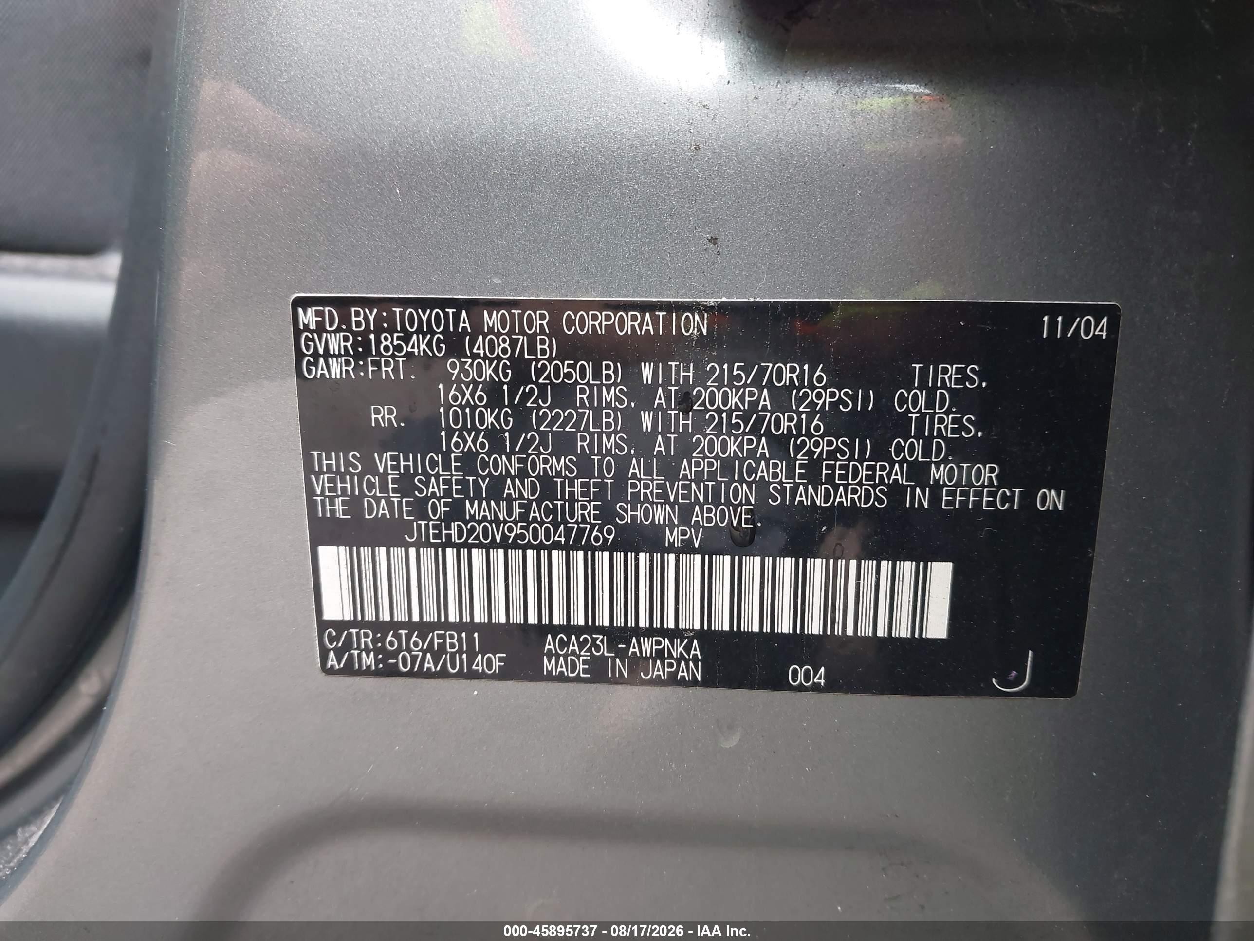 2005 Toyota Rav4   Teal vin: JTEHD20V950047769