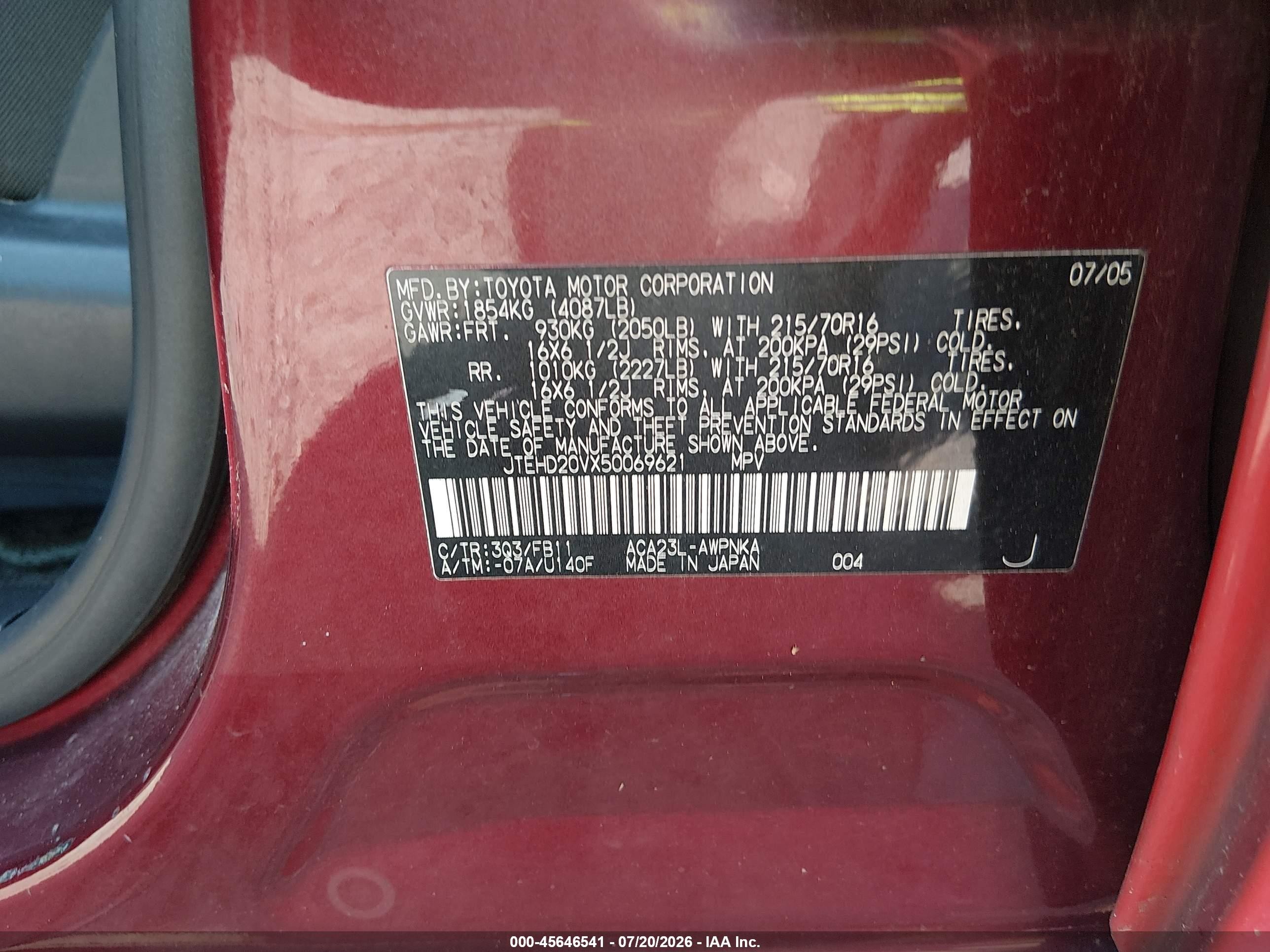 2005 Toyota Rav4   Red vin: JTEHD20VX50069621