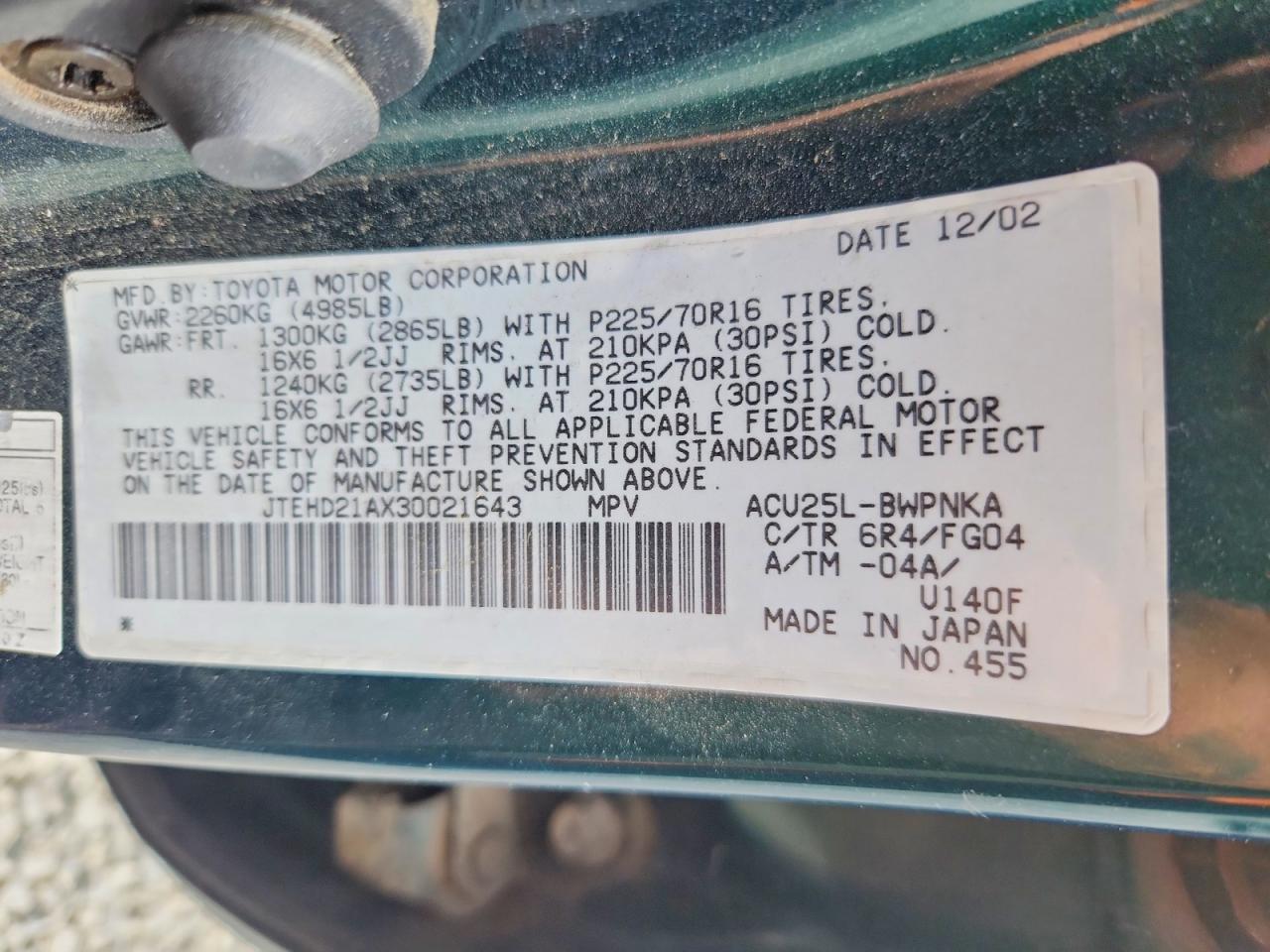 2003 Toyota Highlander Base Green vin: JTEHD21AX30021643