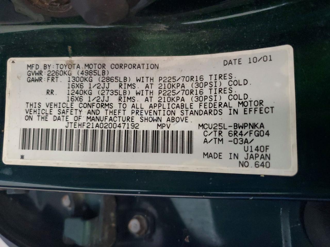 2002 Toyota Highlander Limited Green vin: JTEHF21A020047192