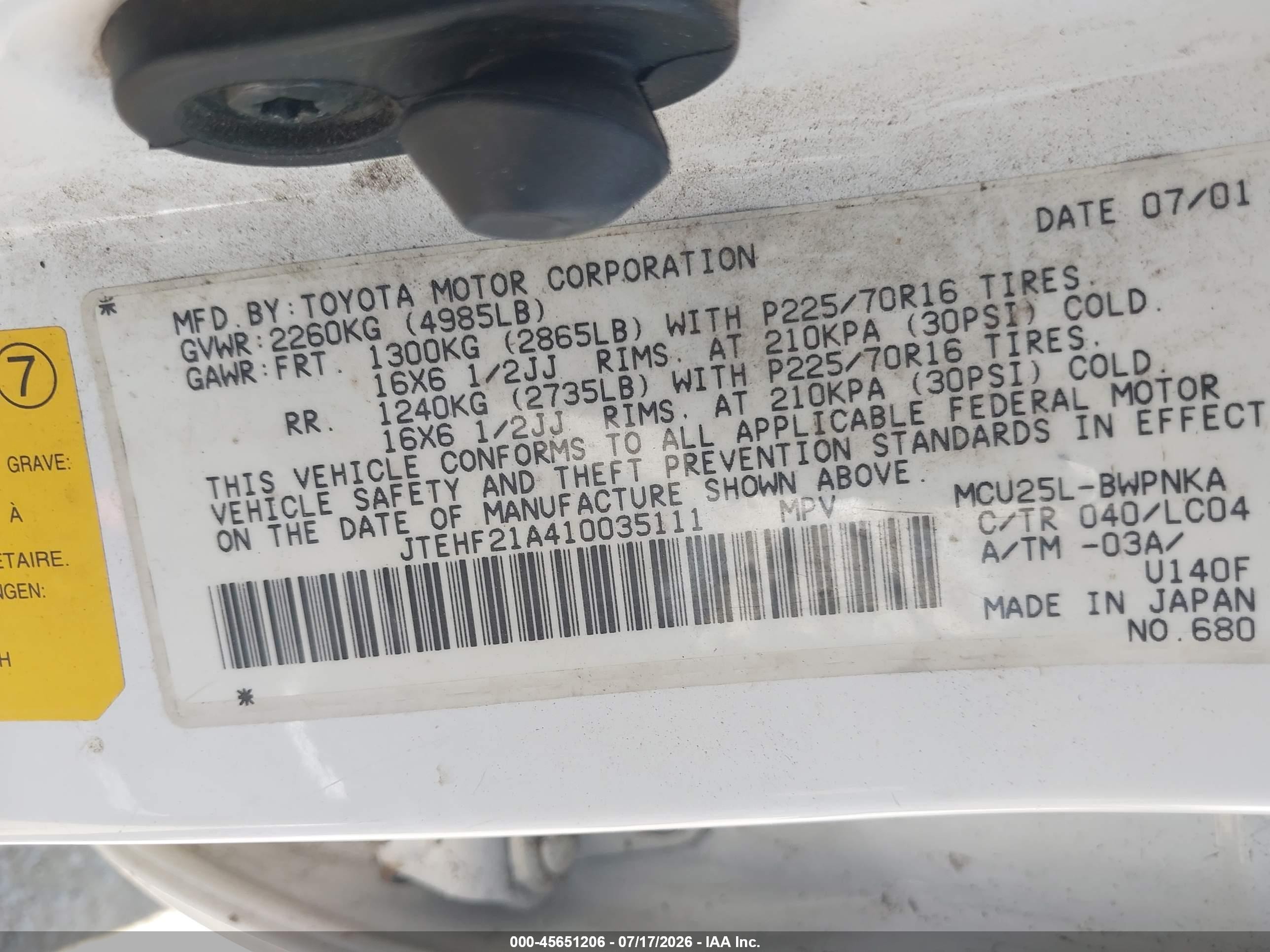 2001 Toyota Highlander V6 White vin: JTEHF21A410035111