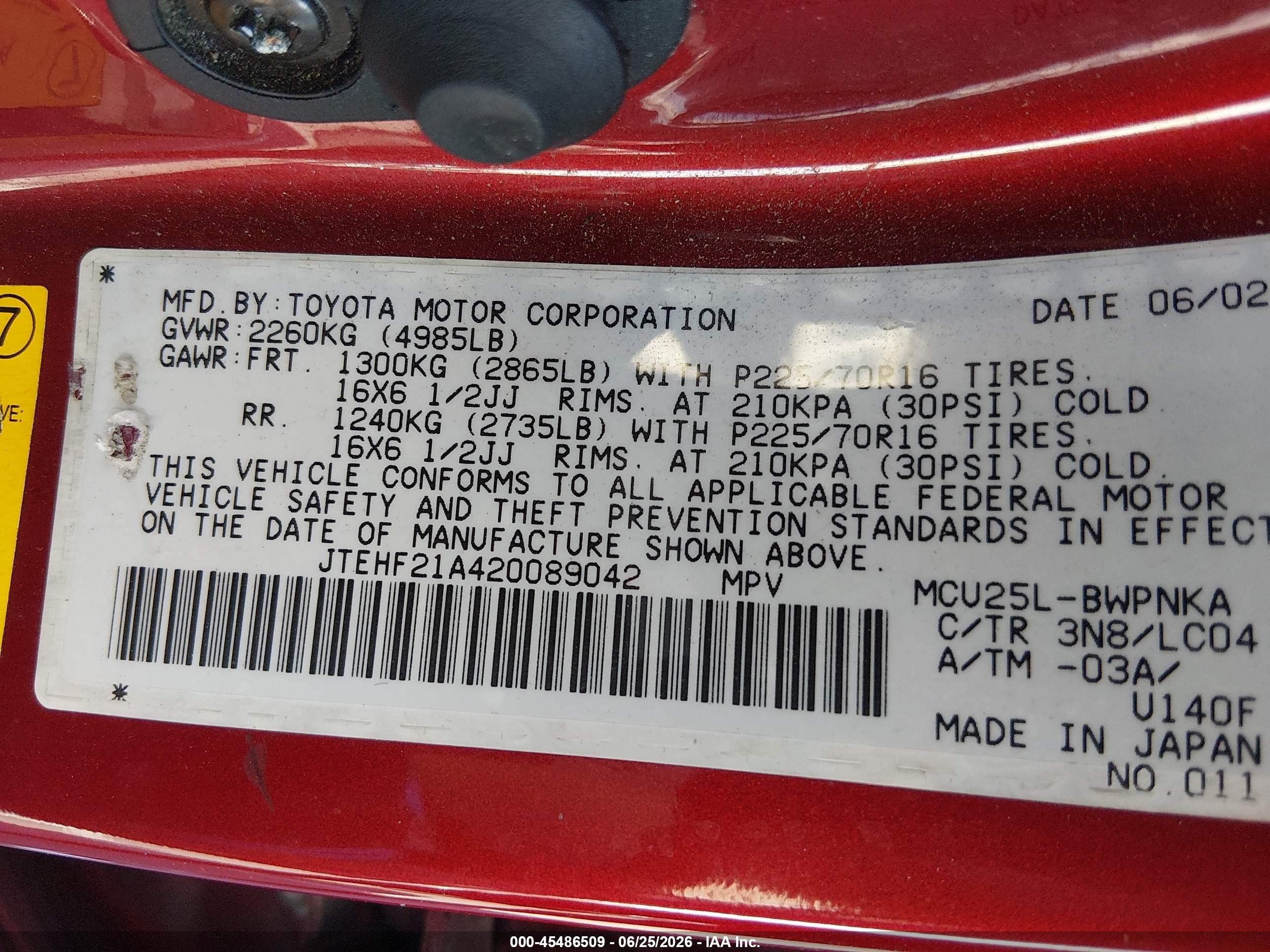 2002 Toyota Highlander Limited V6 Red vin: JTEHF21A420089042