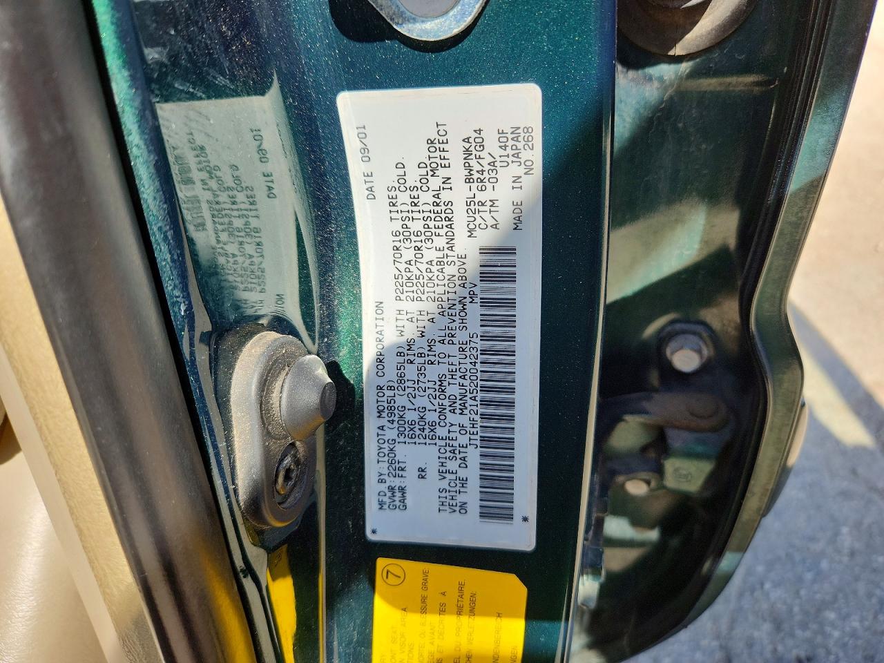 2002 Toyota Highlander Limited Green vin: JTEHF21A520042375