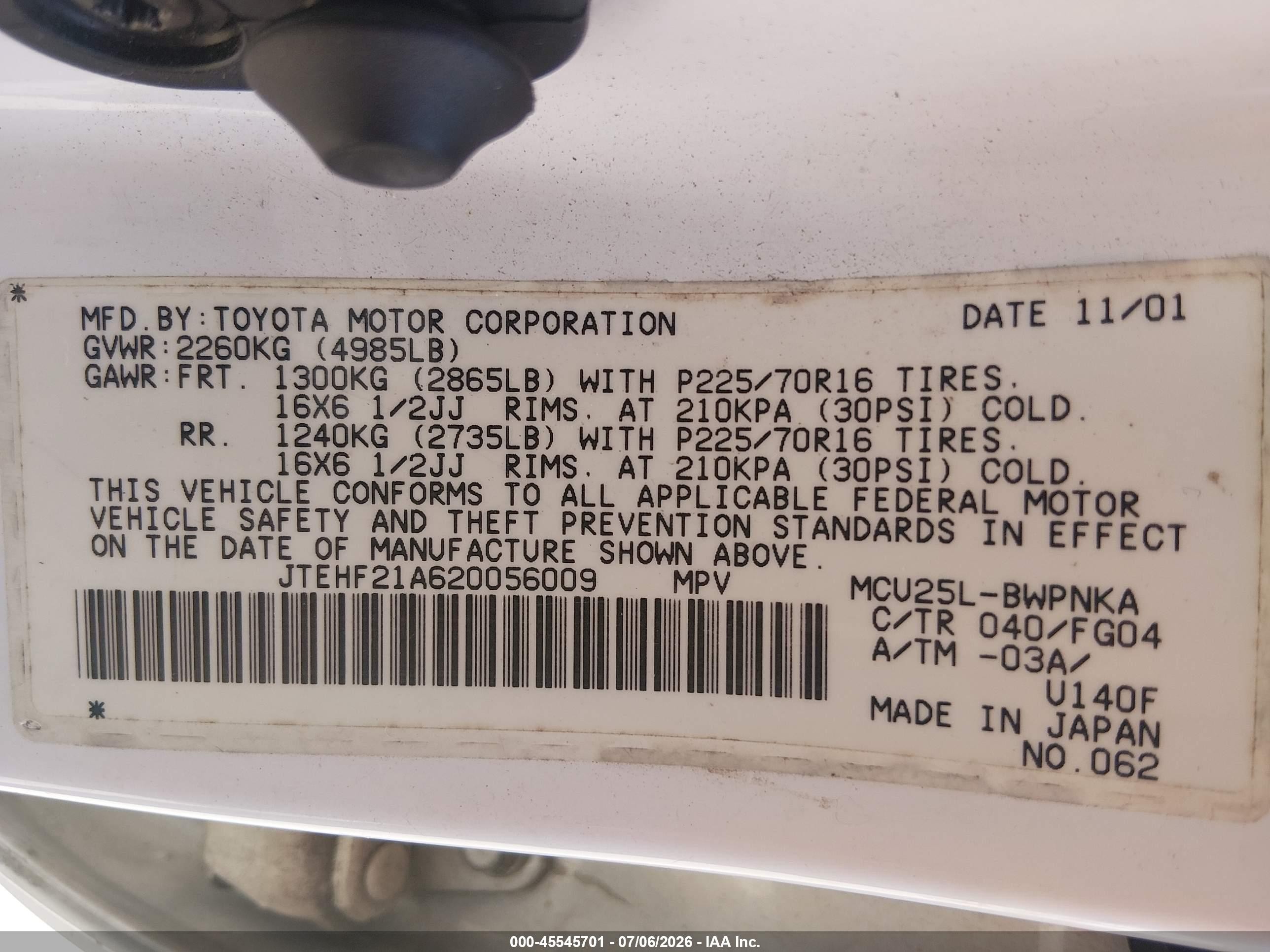 2002 Toyota Highlander V6 White vin: JTEHF21A620056009