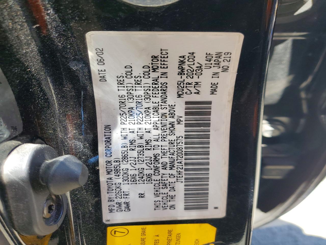 2002 Toyota Highlander Limited Black vin: JTEHF21A720087575