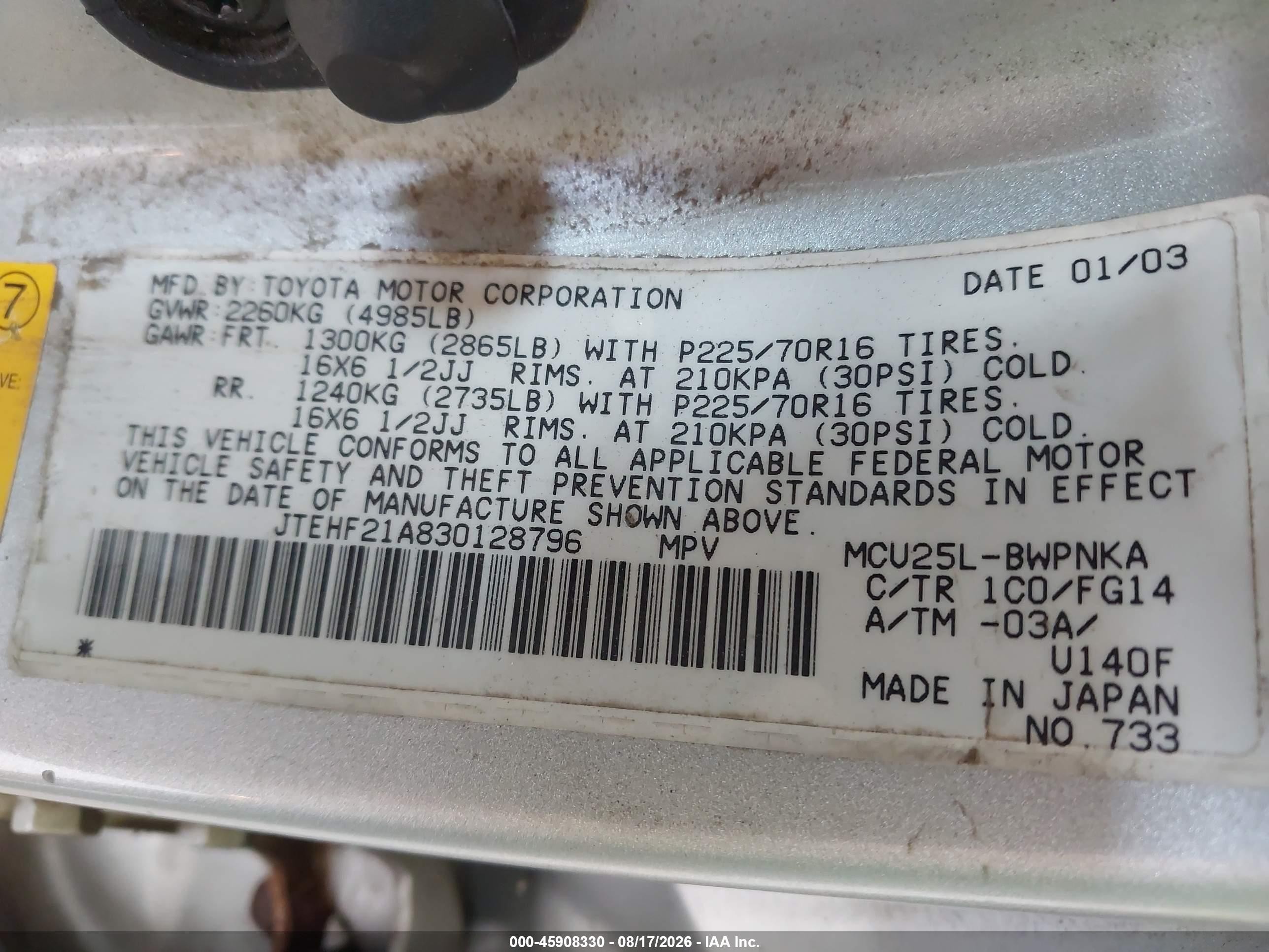 2003 Toyota Highlander V6 Silver vin: JTEHF21A830128796