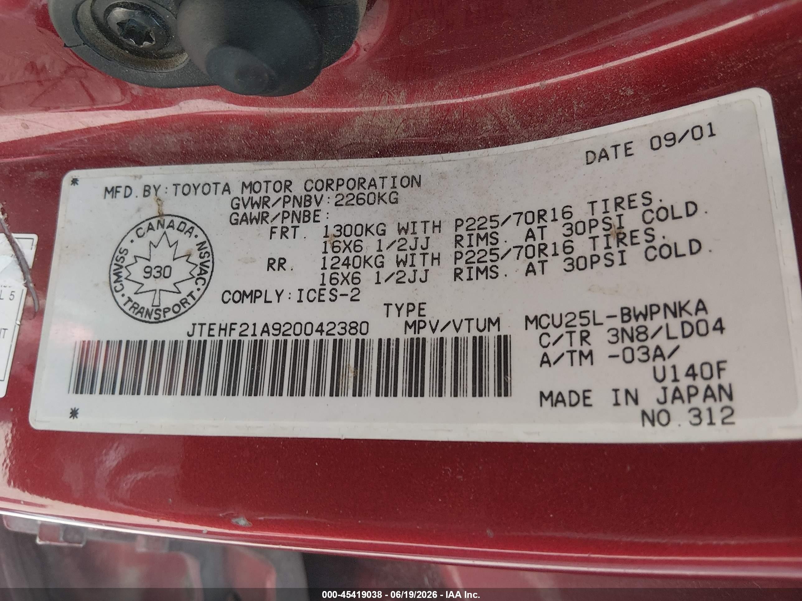 2002 Toyota Highlander   Red vin: JTEHF21A920042380