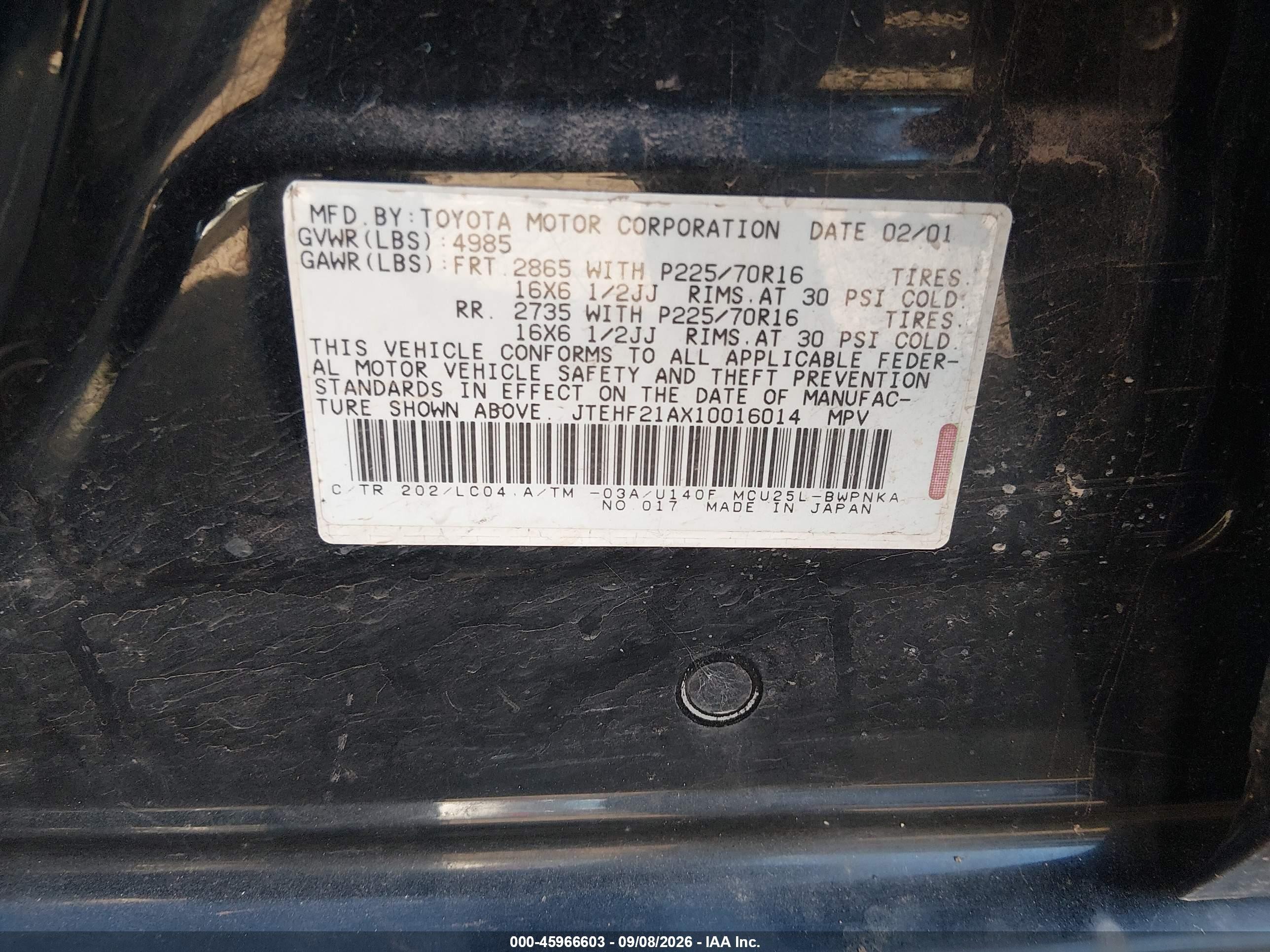 2001 Toyota Highlander V6 Black vin: JTEHF21AX10016014