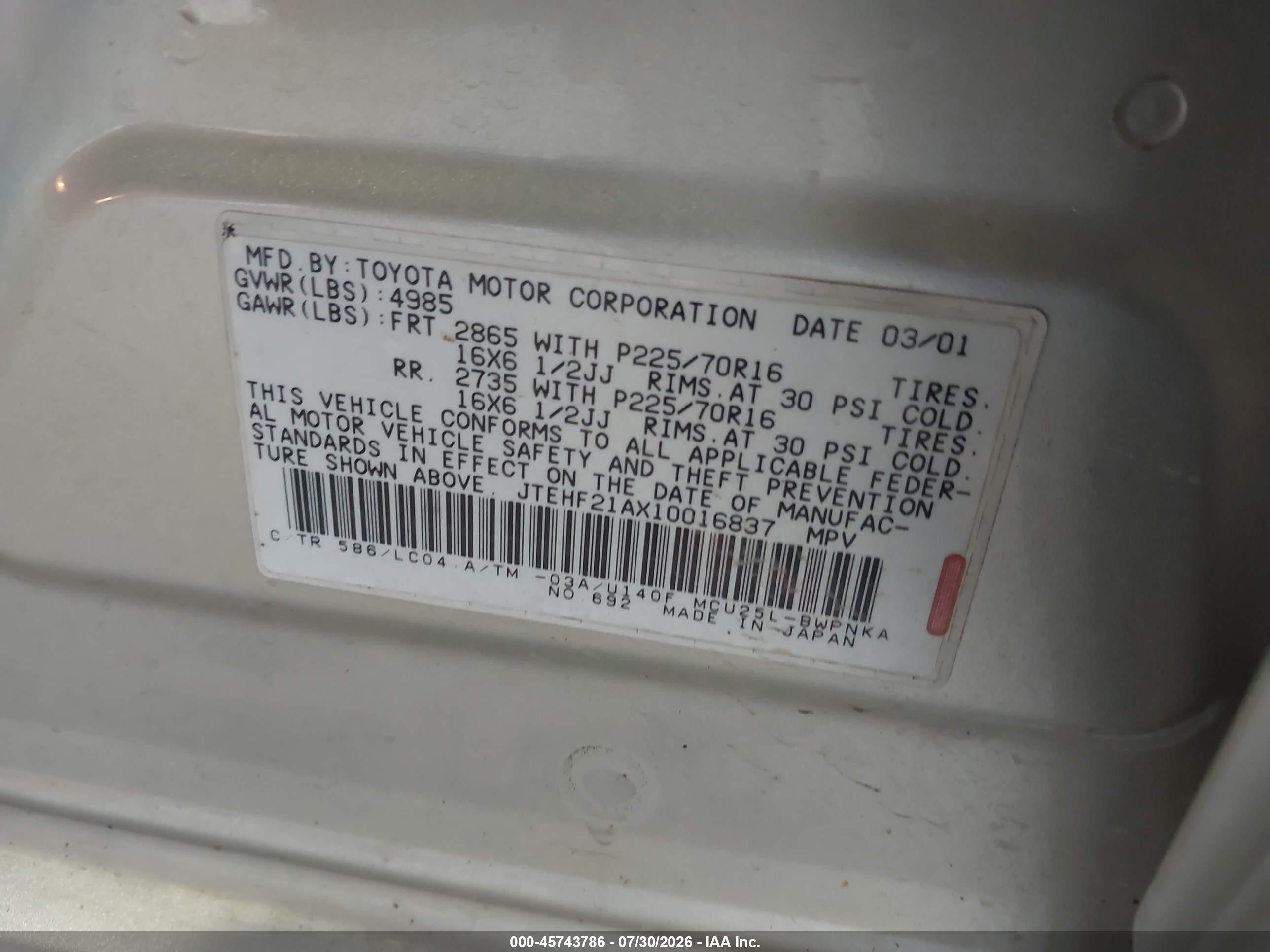 2001 Toyota Highlander V6 Champagne vin: JTEHF21AX10016837