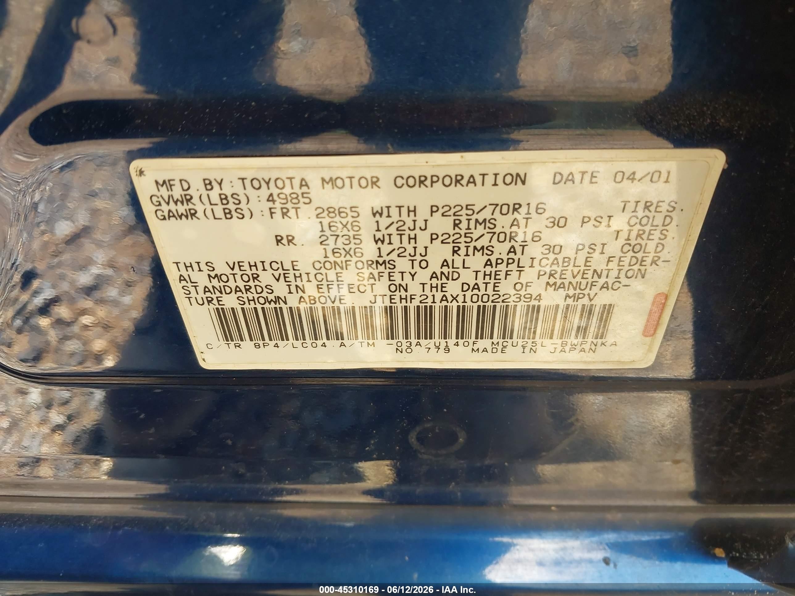 2001 Toyota Highlander V6 Blue vin: JTEHF21AX10022394