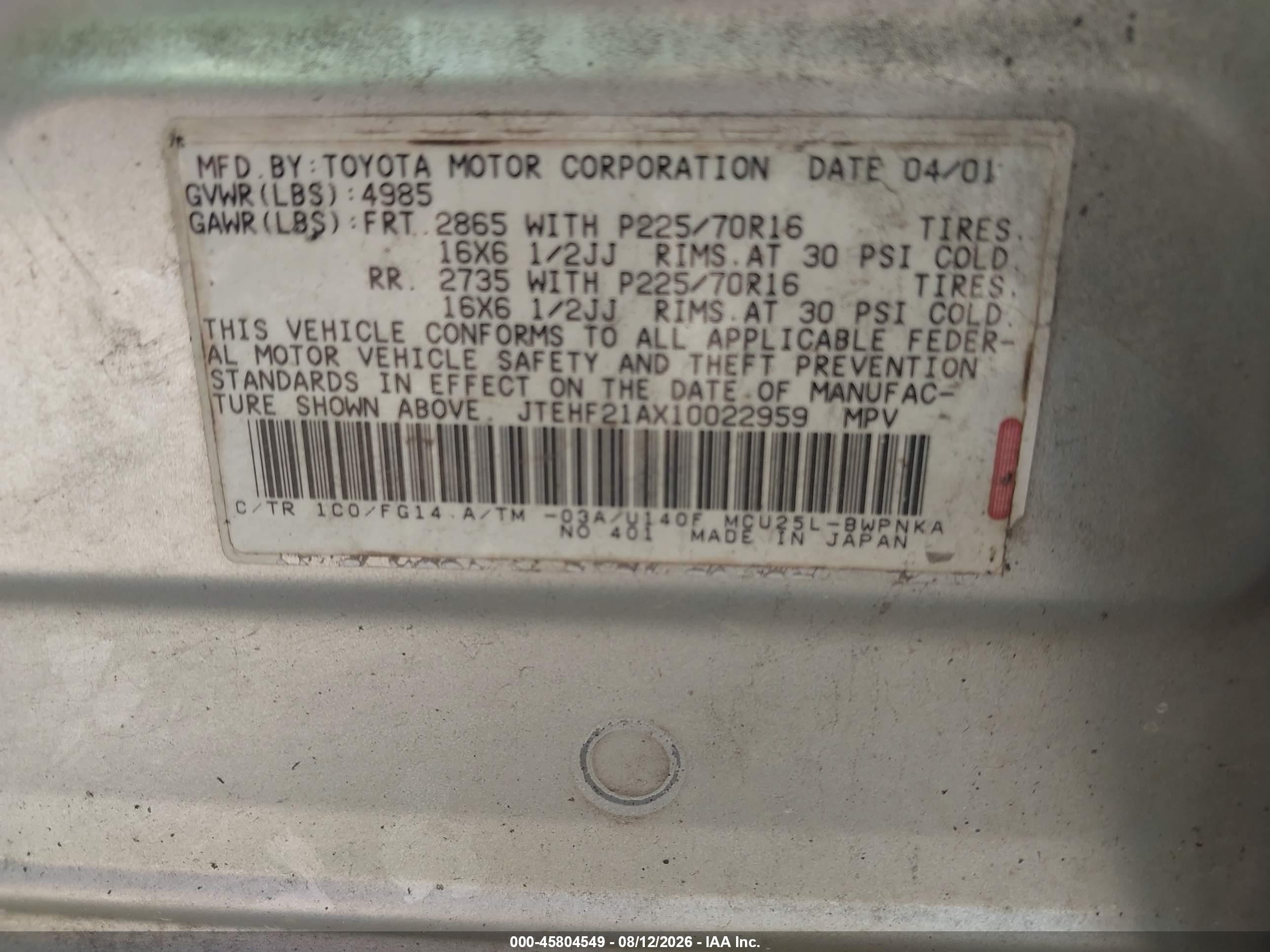 2001 Toyota Highlander V6 Gray vin: JTEHF21AX10022959