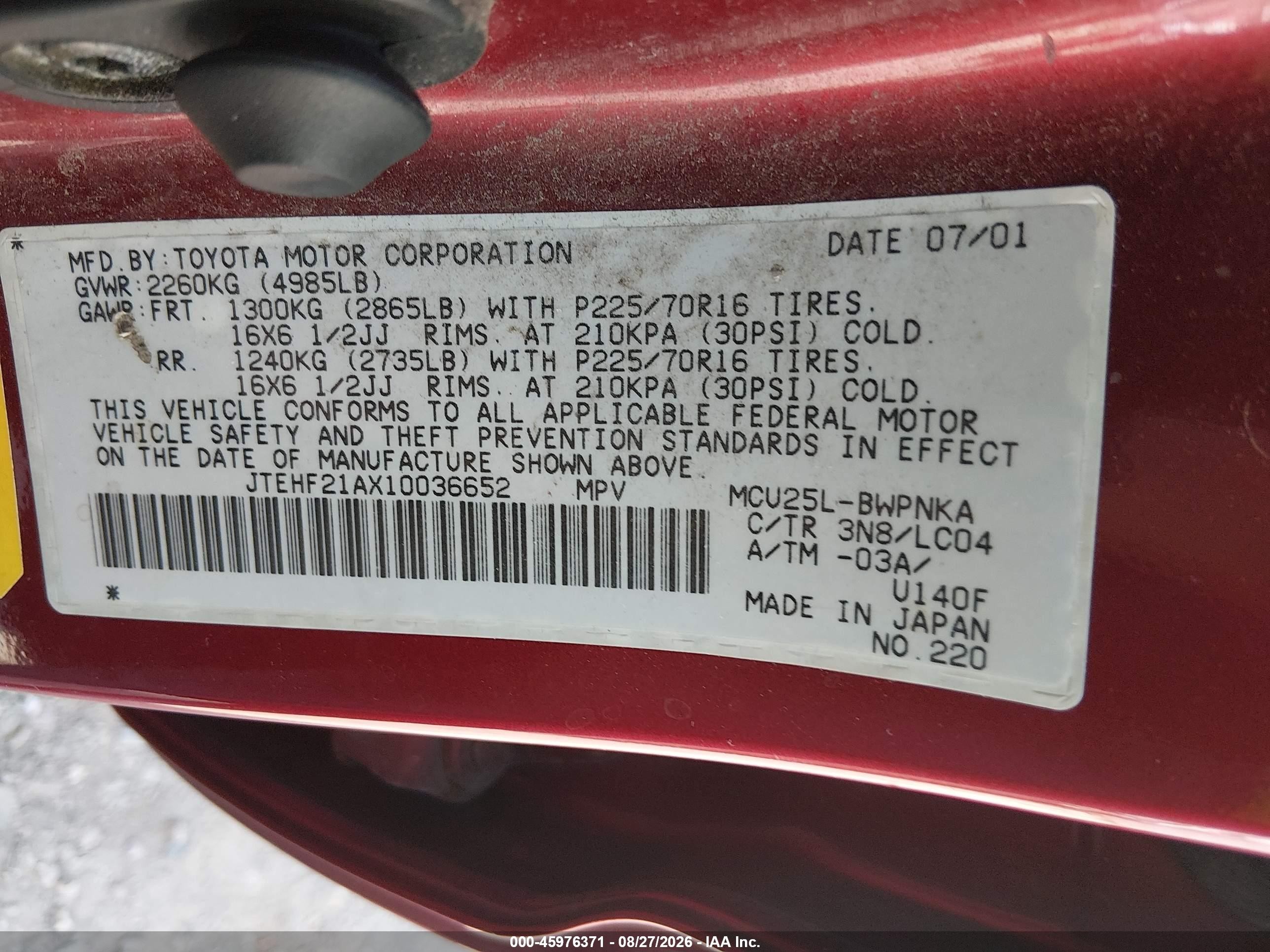 2001 Toyota Highlander V6 Orange vin: JTEHF21AX10036652