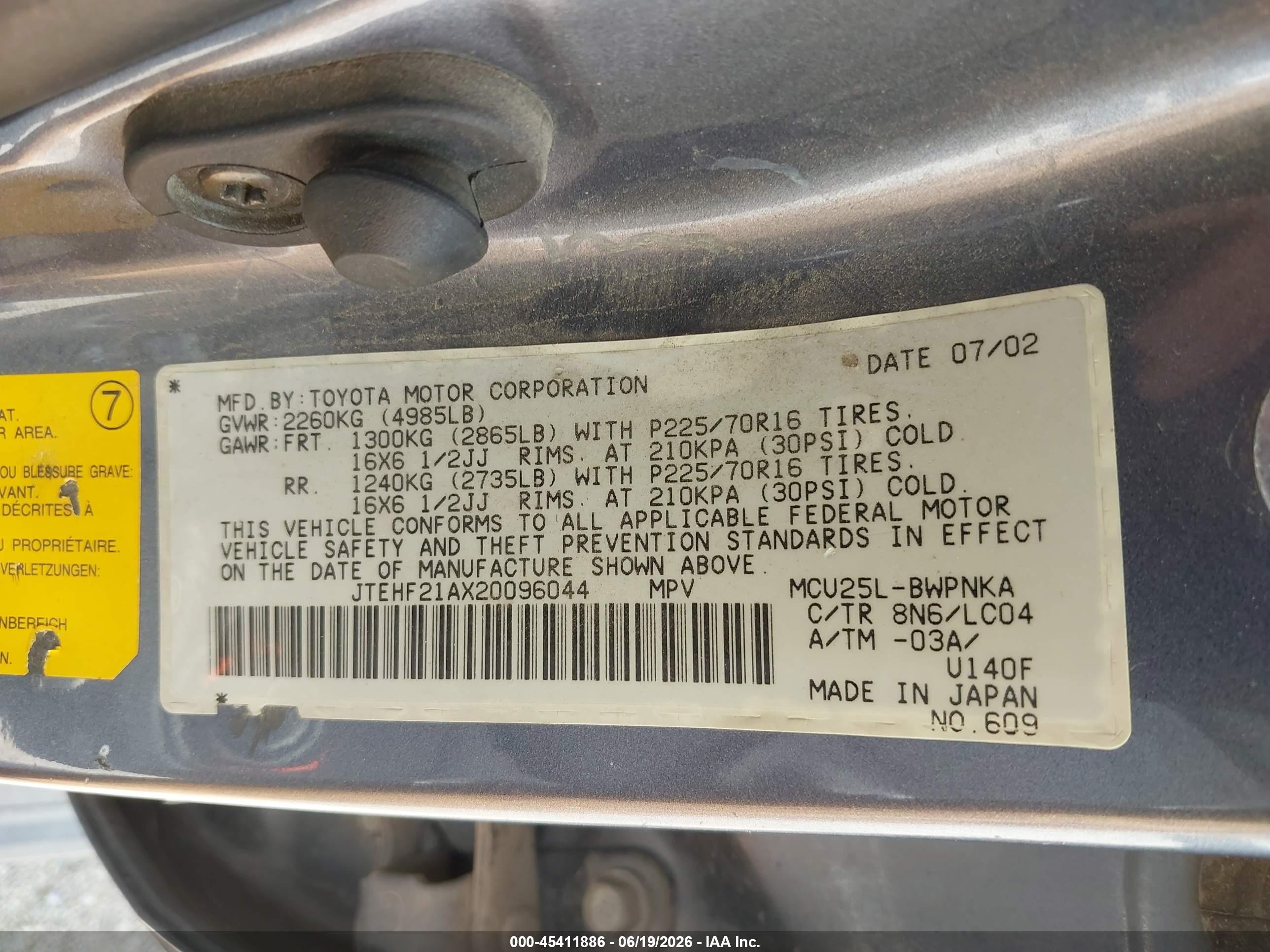 2002 Toyota Highlander Limited V6 Blue vin: JTEHF21AX20096044