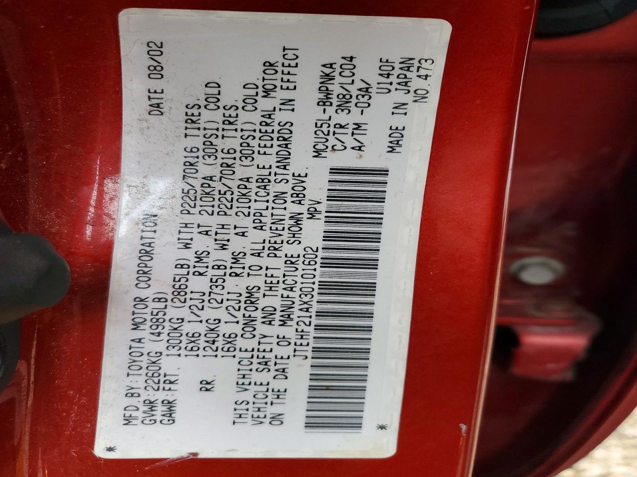 2003 Toyota Highlander Limited Red vin: JTEHF21AX30101602