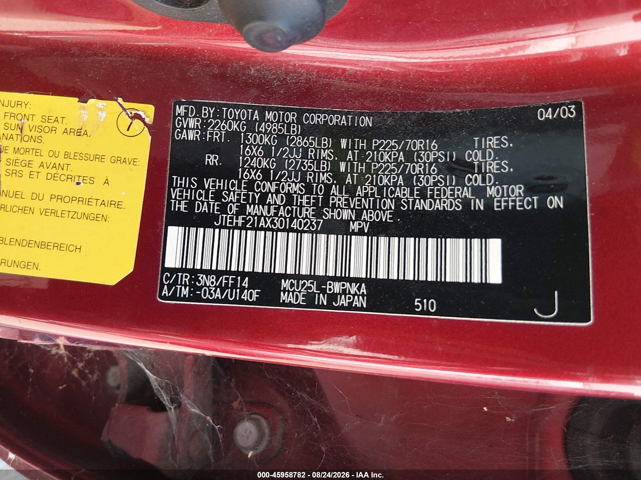 2003 Toyota Highlander Limited V6 Red vin: JTEHF21AX30140237