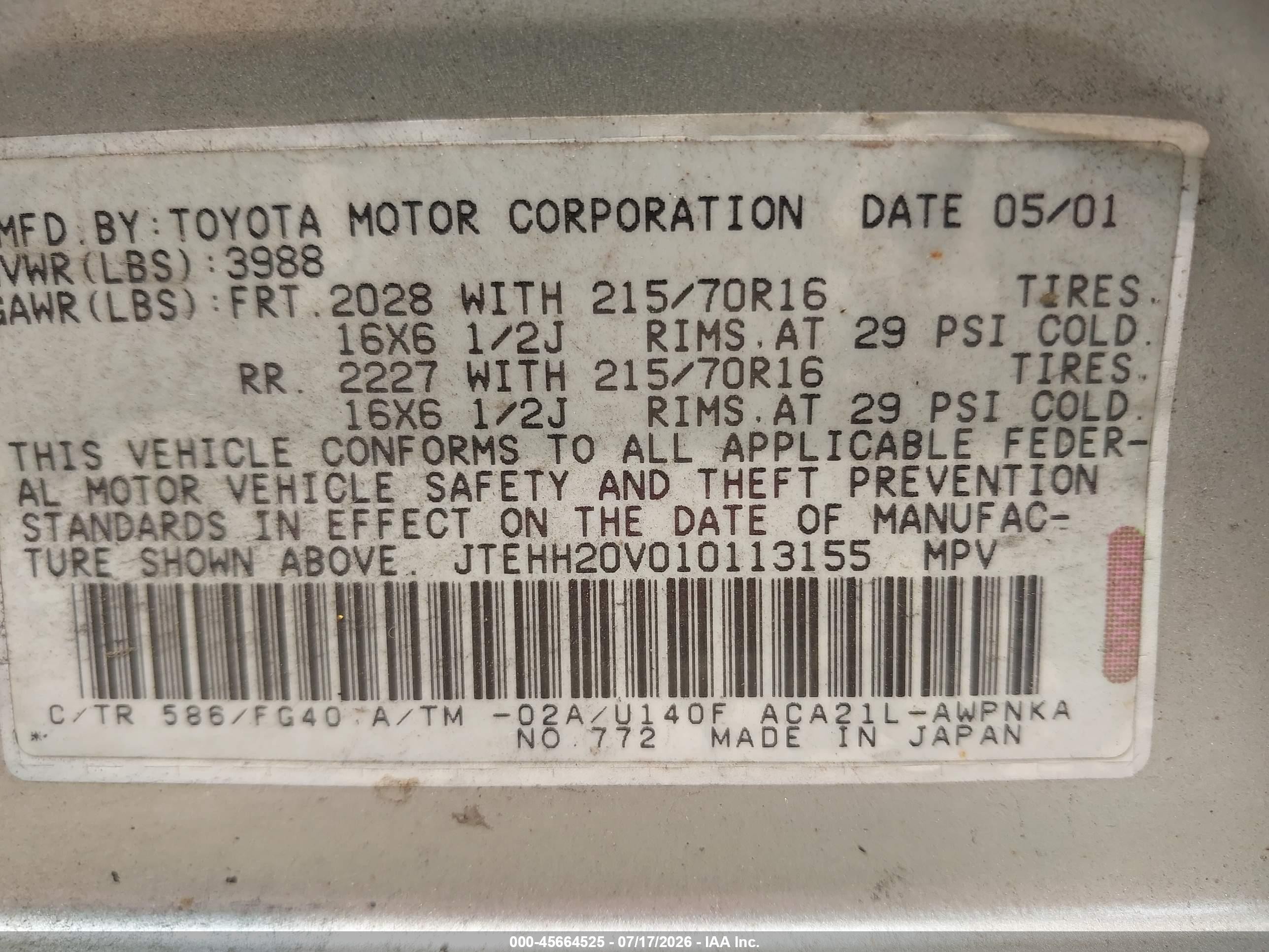 2001 Toyota Rav4   Cream vin: JTEHH20V010113155