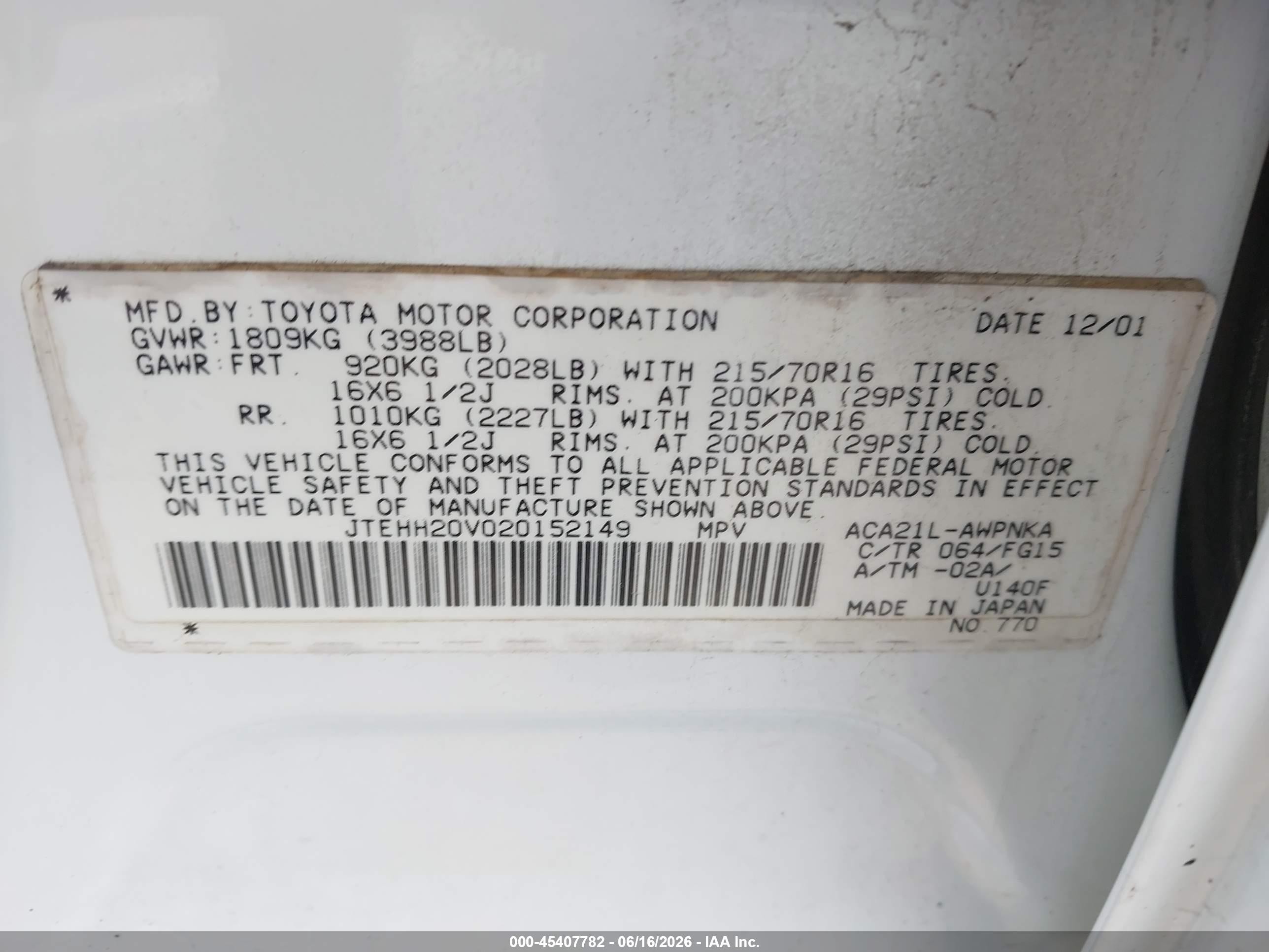 2002 Toyota Rav4   White vin: JTEHH20V020152149