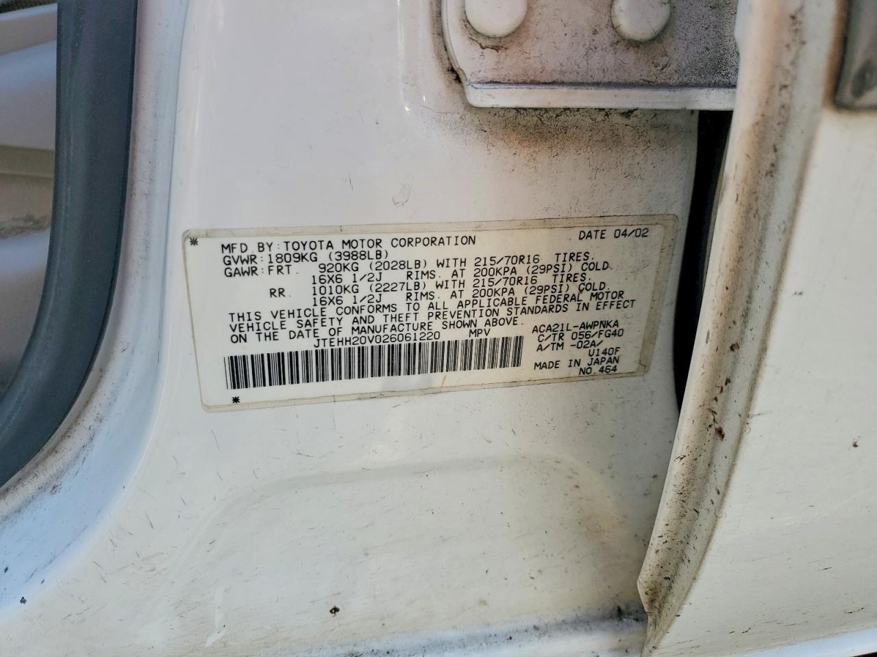 2002 Toyota Rav4 Base White vin: JTEHH20V026061220