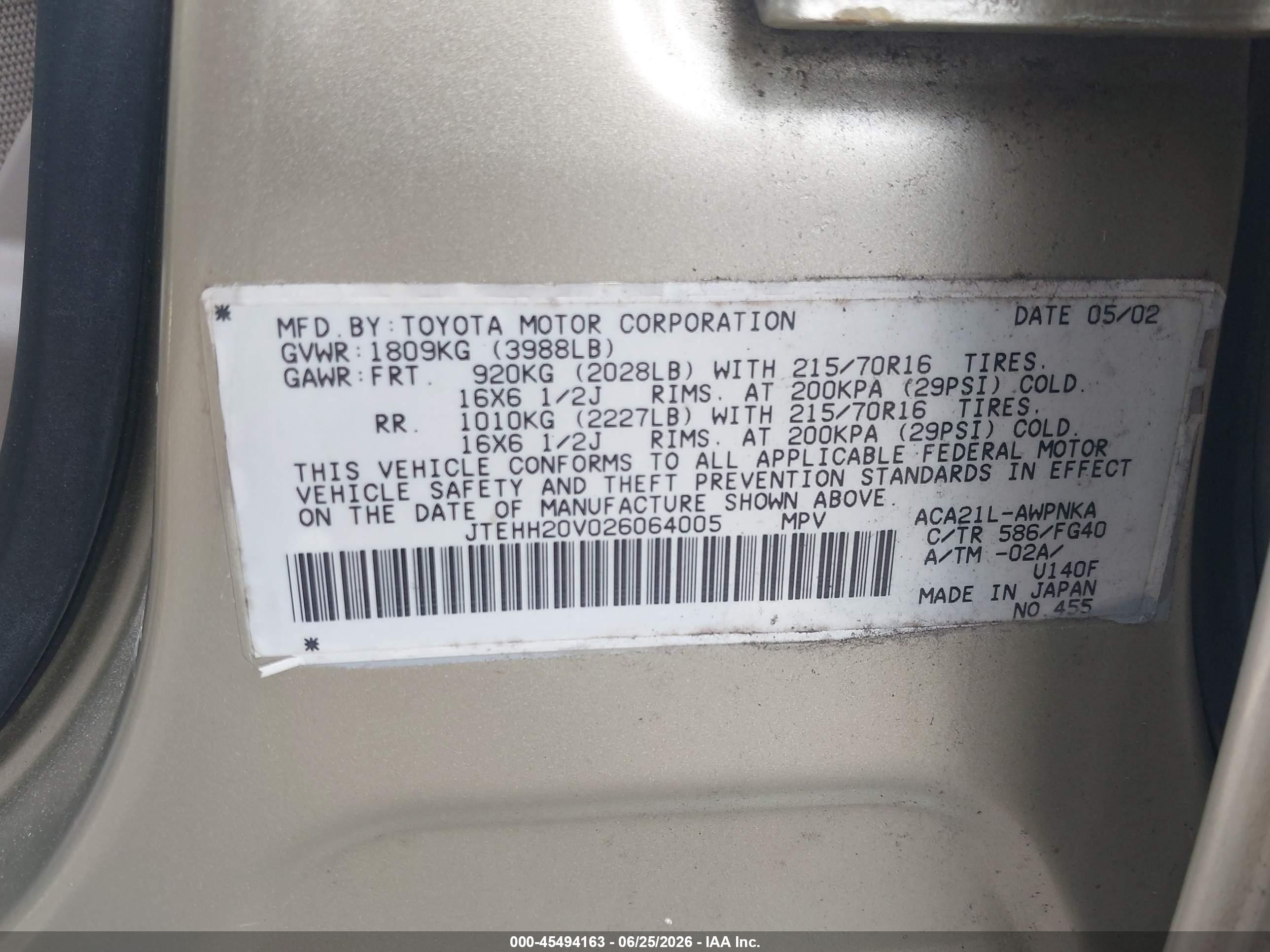 2002 Toyota Rav4   Champagne vin: JTEHH20V026064005