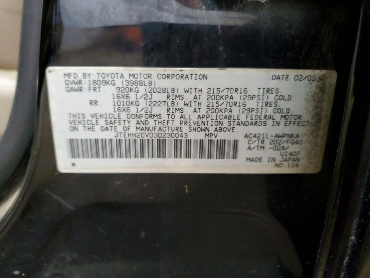 2003 Toyota Rav4 Base Black vin: JTEHH20V030230043