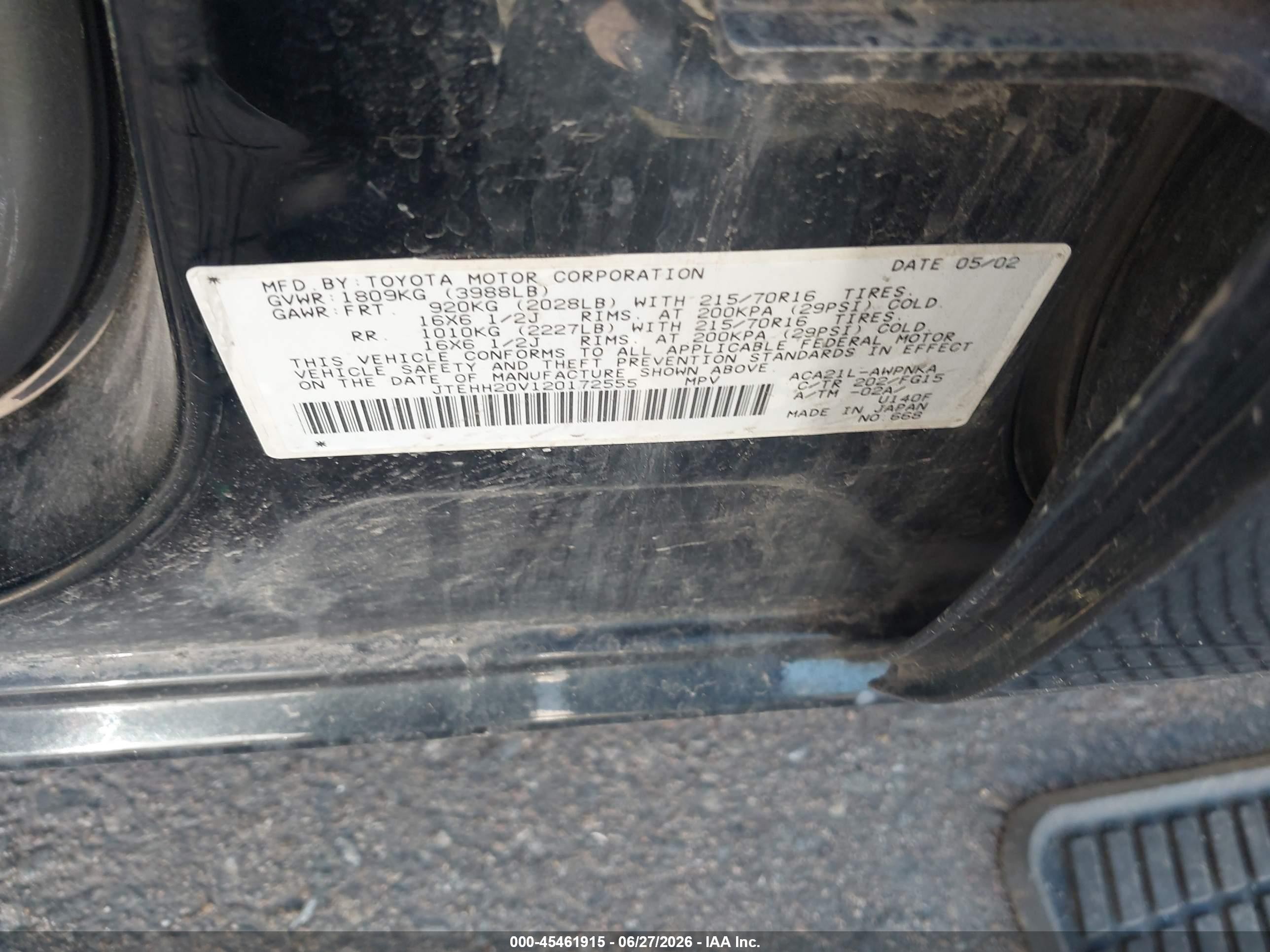 2002 Toyota Rav4   Black vin: JTEHH20V120172555
