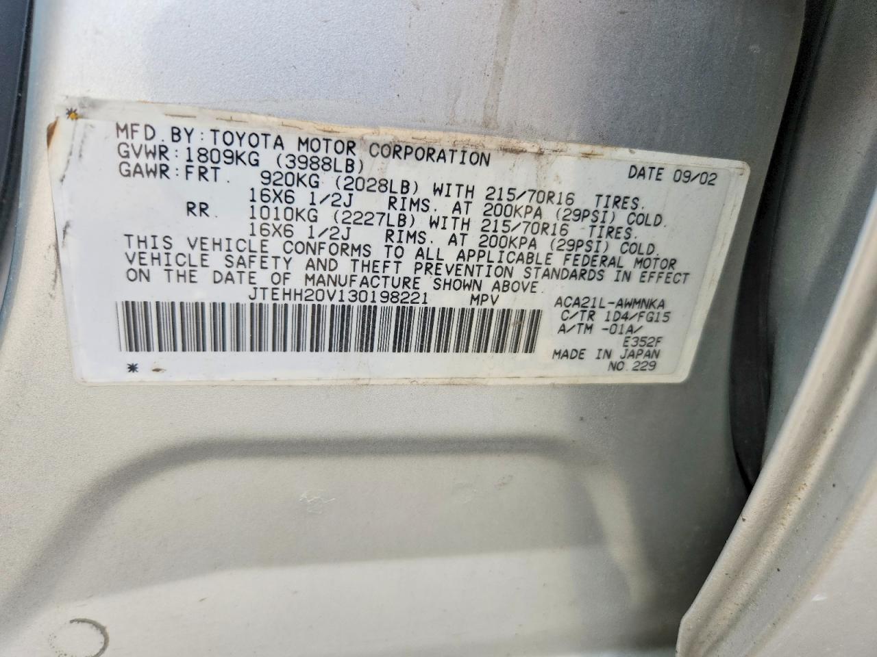 2003 Toyota Rav4 Base Silver vin: JTEHH20V130198221