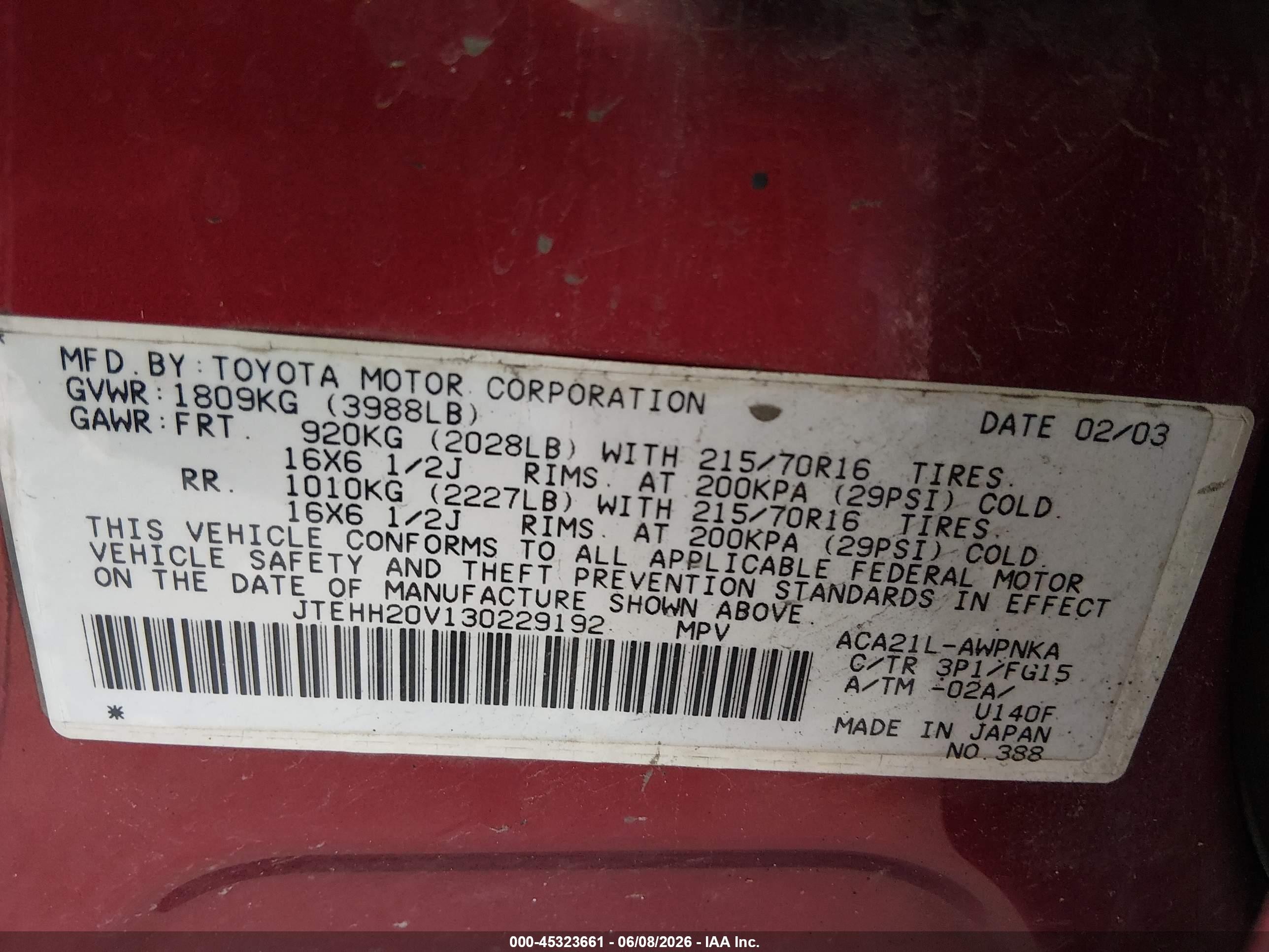 2003 Toyota Rav4 Red vin: JTEHH20V130229192