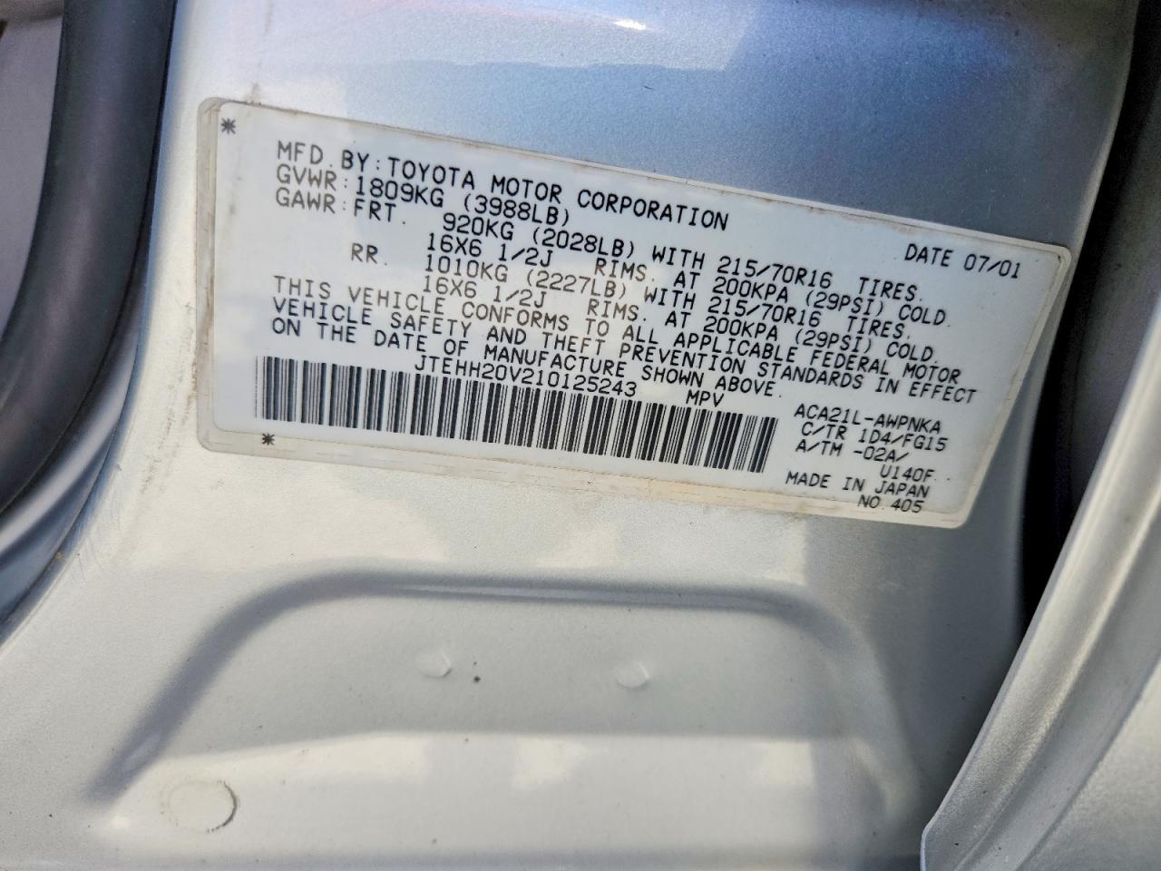 2001 Toyota Rav4 Base Silver vin: JTEHH20V210125243