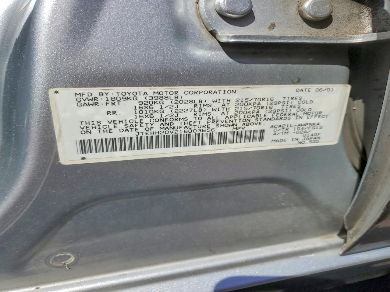 2001 Toyota Rav4 Base Silver vin: JTEHH20V216003656