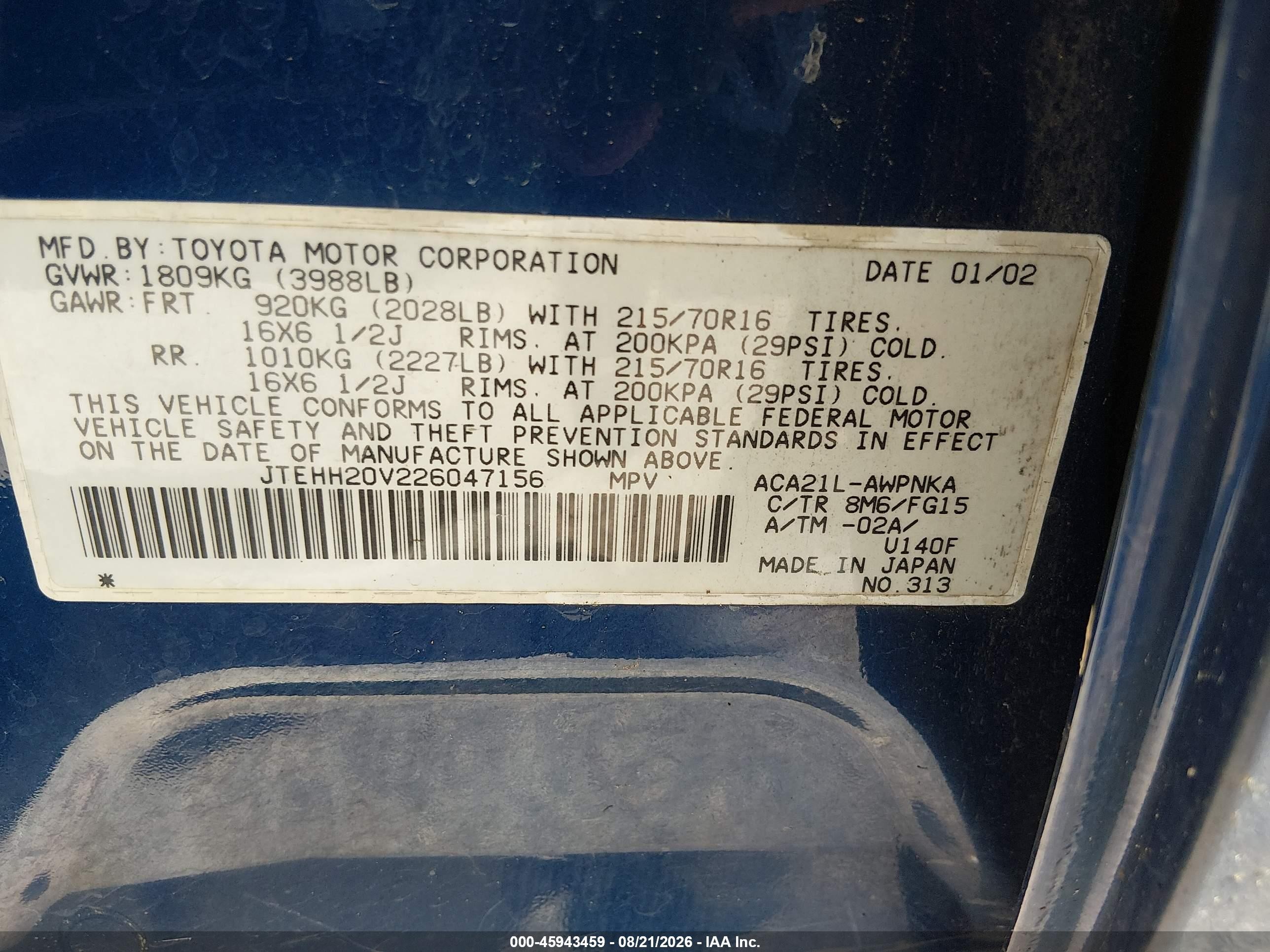 2002 Toyota Rav4   Blue vin: JTEHH20V226047156