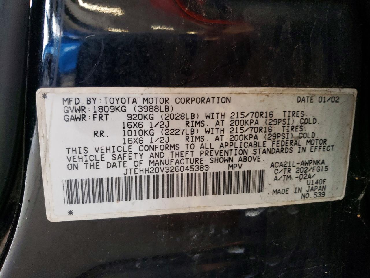 2002 Toyota Rav4 Base Black vin: JTEHH20V326045383