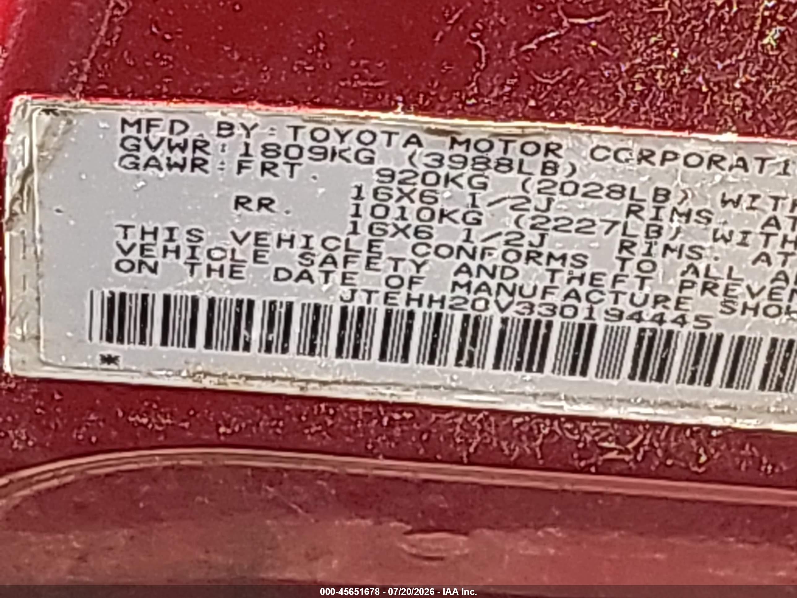 2003 Toyota Rav4 Red vin: JTEHH20V330194445