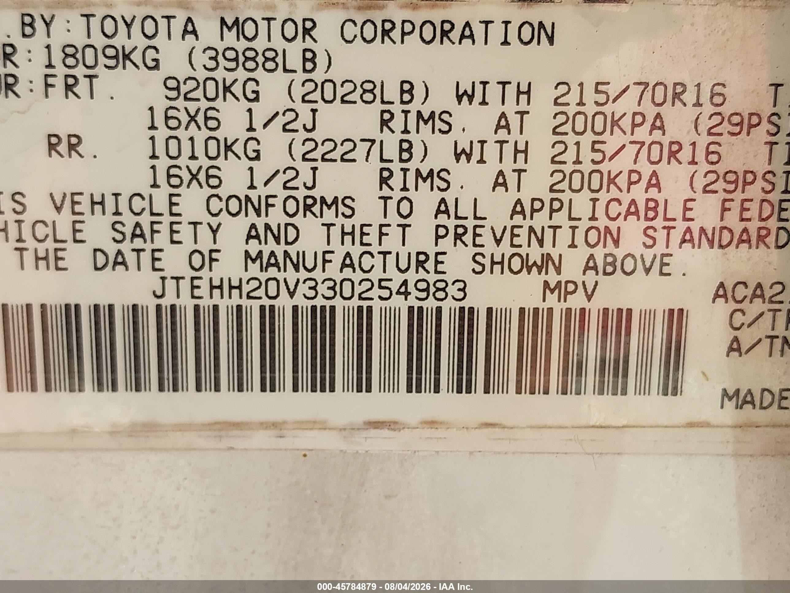 2003 Toyota Rav4   White vin: JTEHH20V330254983