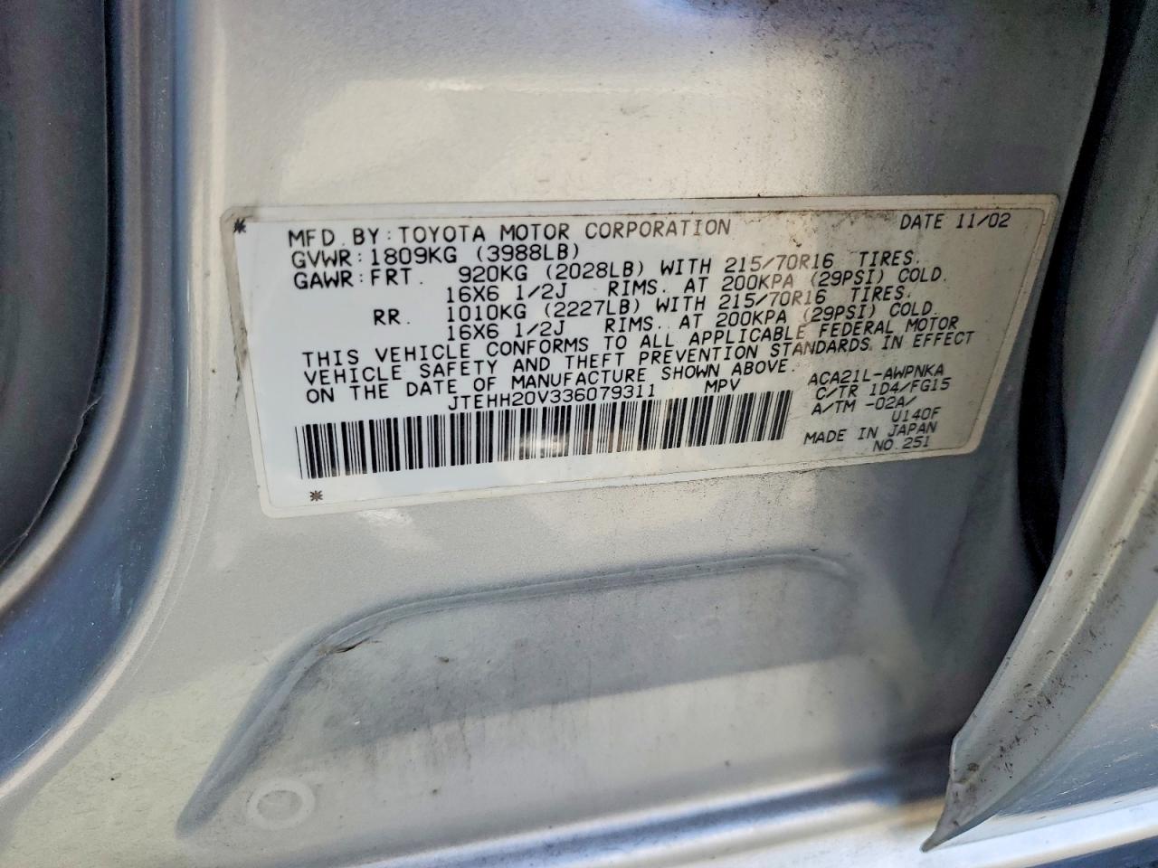 2003 Toyota Rav4 Base Silver vin: JTEHH20V336079311