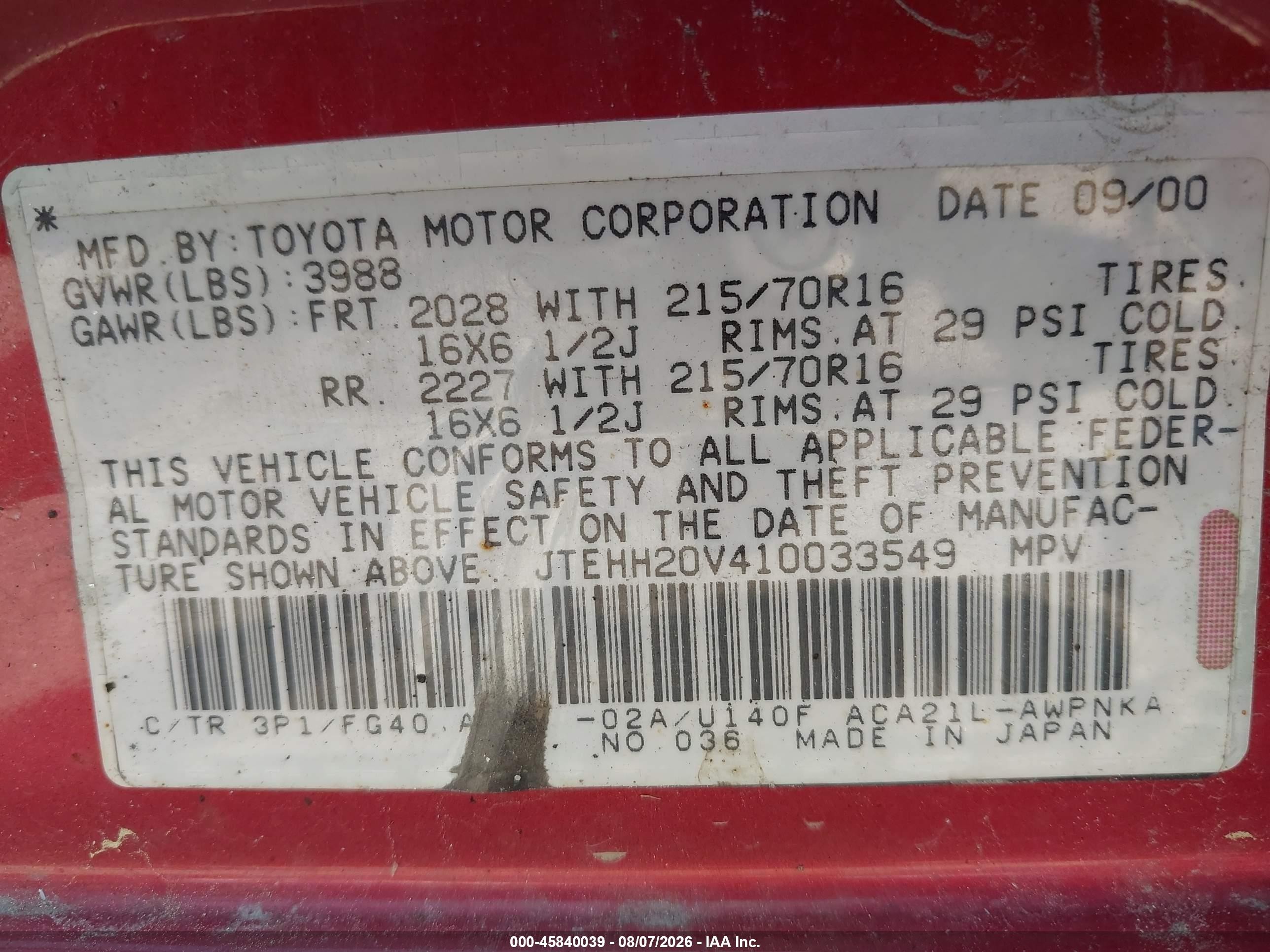 2001 Toyota Rav4   Orange vin: JTEHH20V410033549