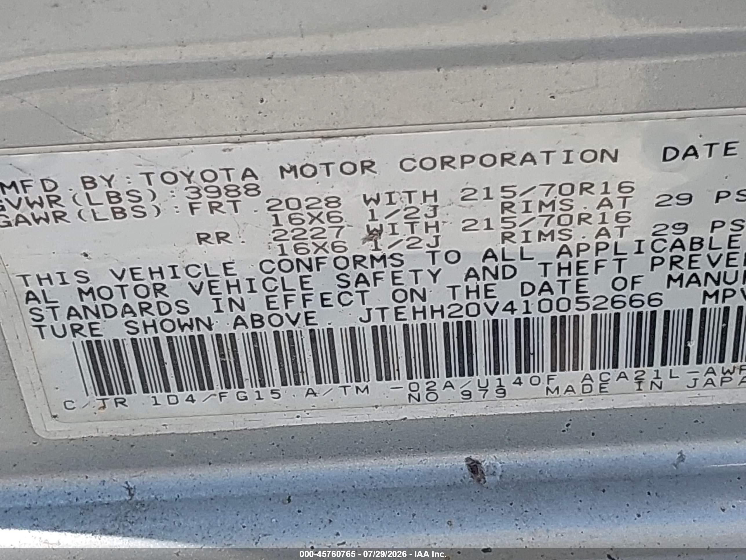 2001 Toyota Rav4   Silver vin: JTEHH20V410052666