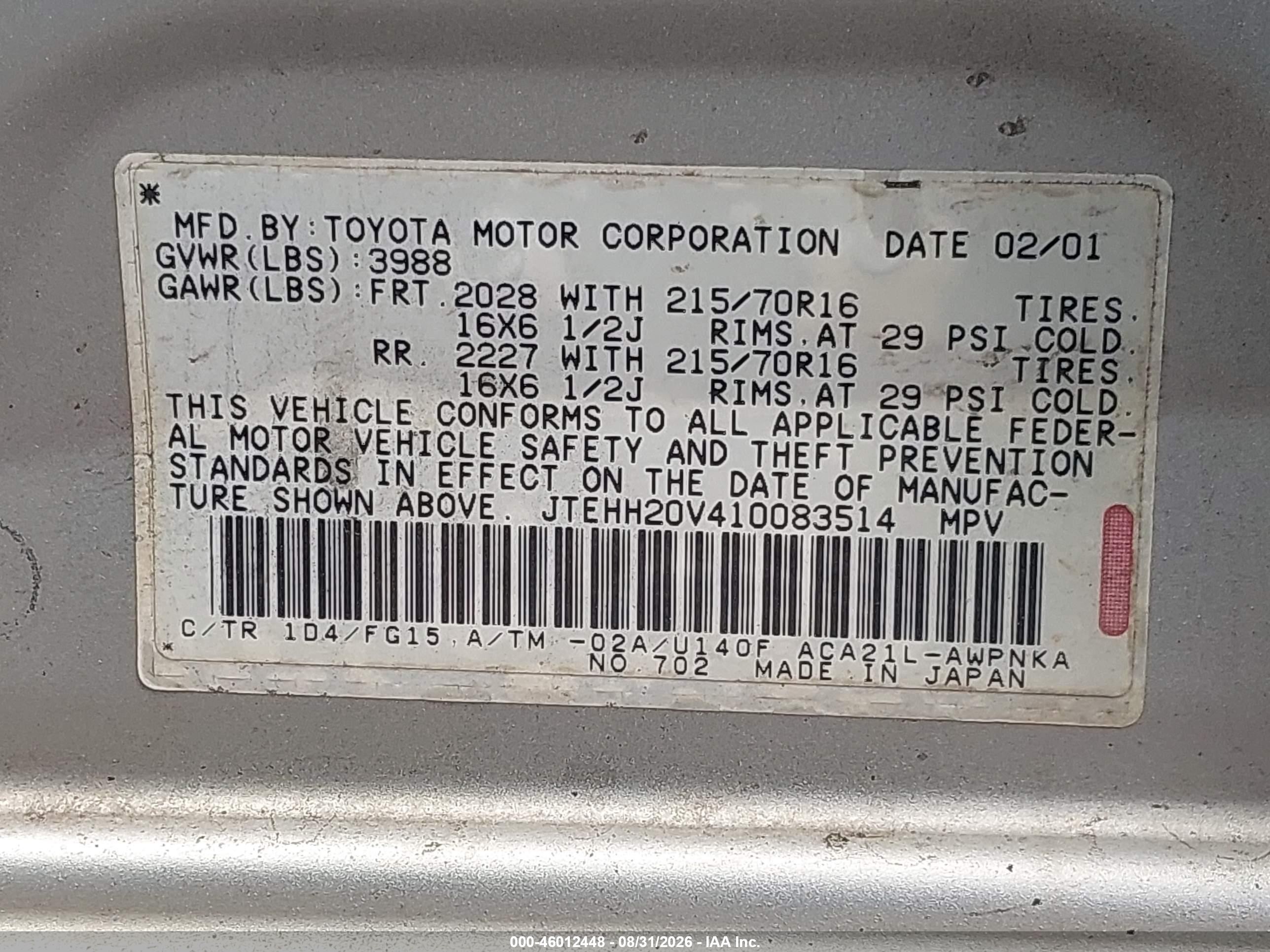 2001 Toyota Rav4   Silver vin: JTEHH20V410083514